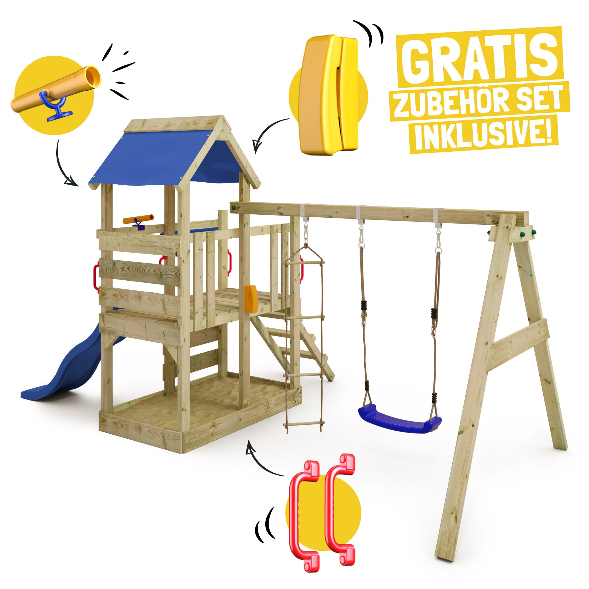 WICKEY Spielturm TurboFlyer Klettergerüst, Pastellpink | Mit Schaukel & Rutsche, Sandkasten, Leiter & Spiel-Zubehör, Outdoor für Garten