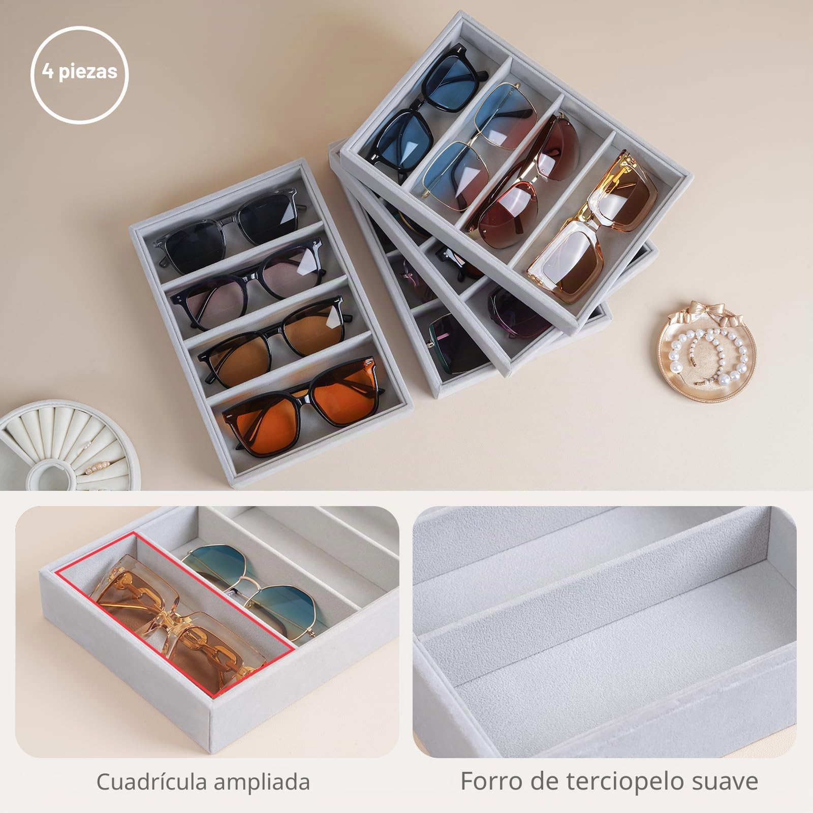 Lolalet Bandeja Organizador de Gafas de Sol, 8 Compartimentos para Gafas de Ante, Estante de Almacenaje para Gafas de Sol para Mujeres y Hombres