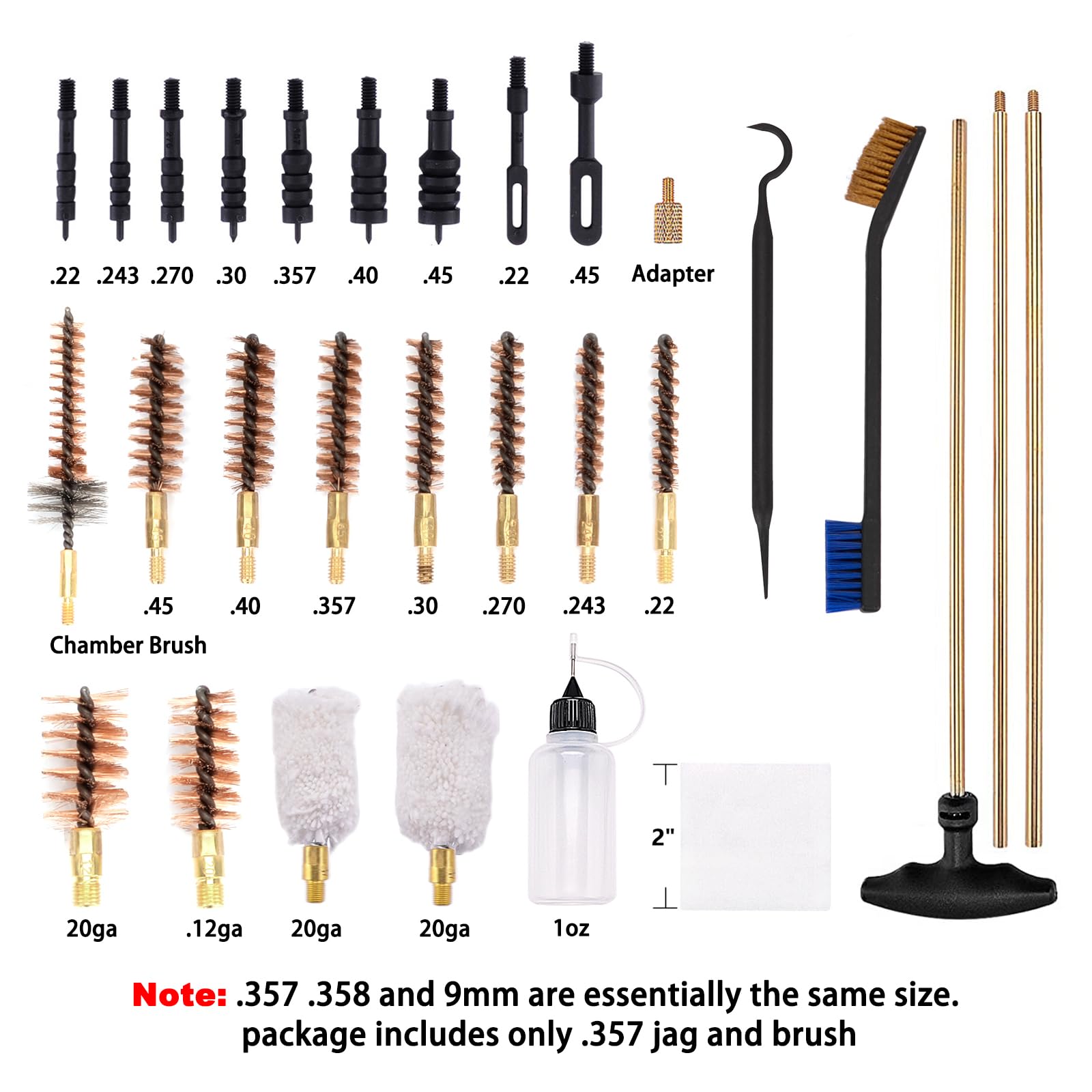 BOOSTEADY Kit de Limpieza Armas Universal, Accesorios Caza Kit Limpieza Fusil para Pistola Rifle Carabina con Varillas de Latón & Jag de Plástico para .22 .357/9MM .30 .40 .45 .243 .270 12GA 20GA