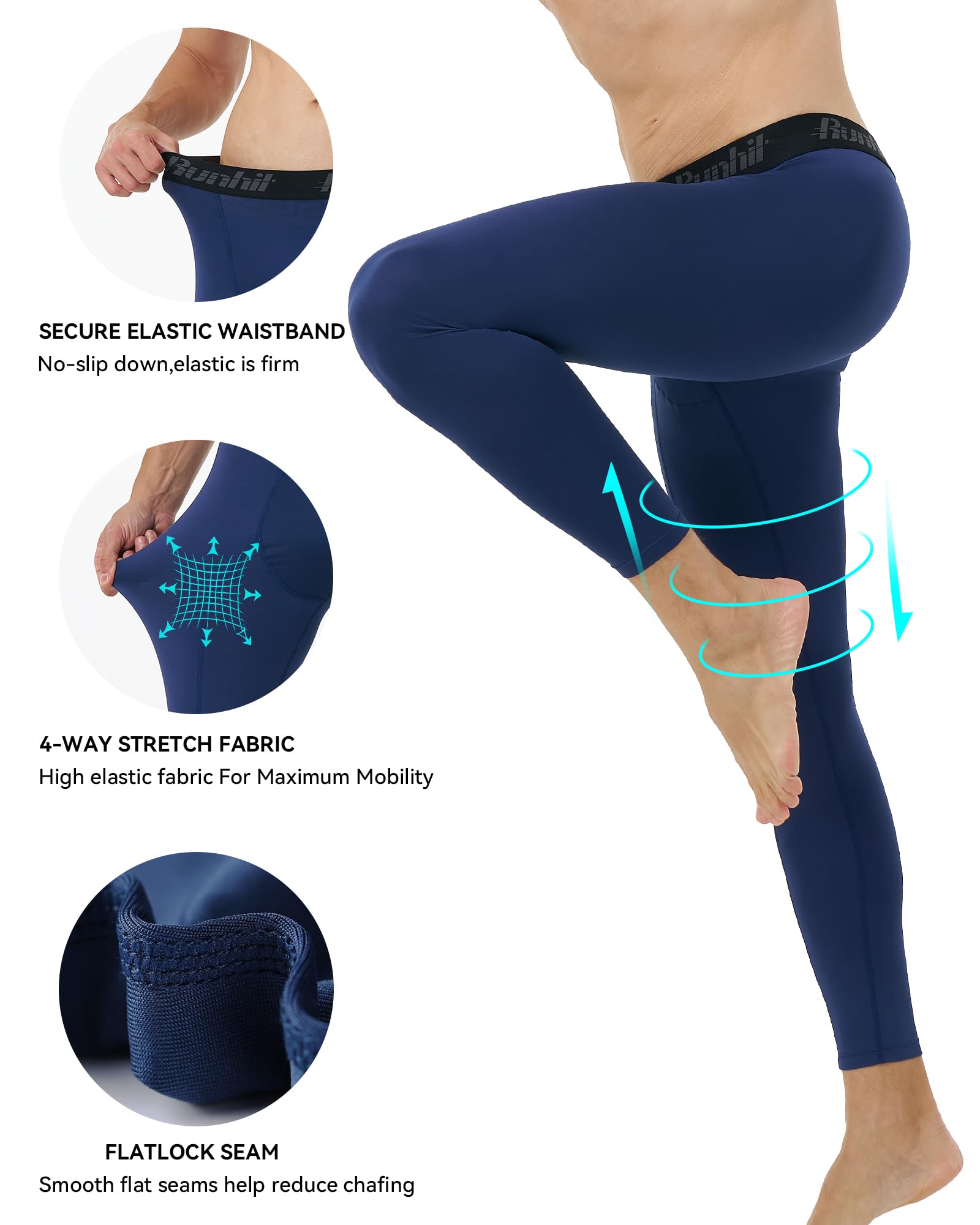 Runhit Paquete de 3 pantalones de compresión para hombre, mallas para correr, entrenamiento, pantalones atléticos de capa base