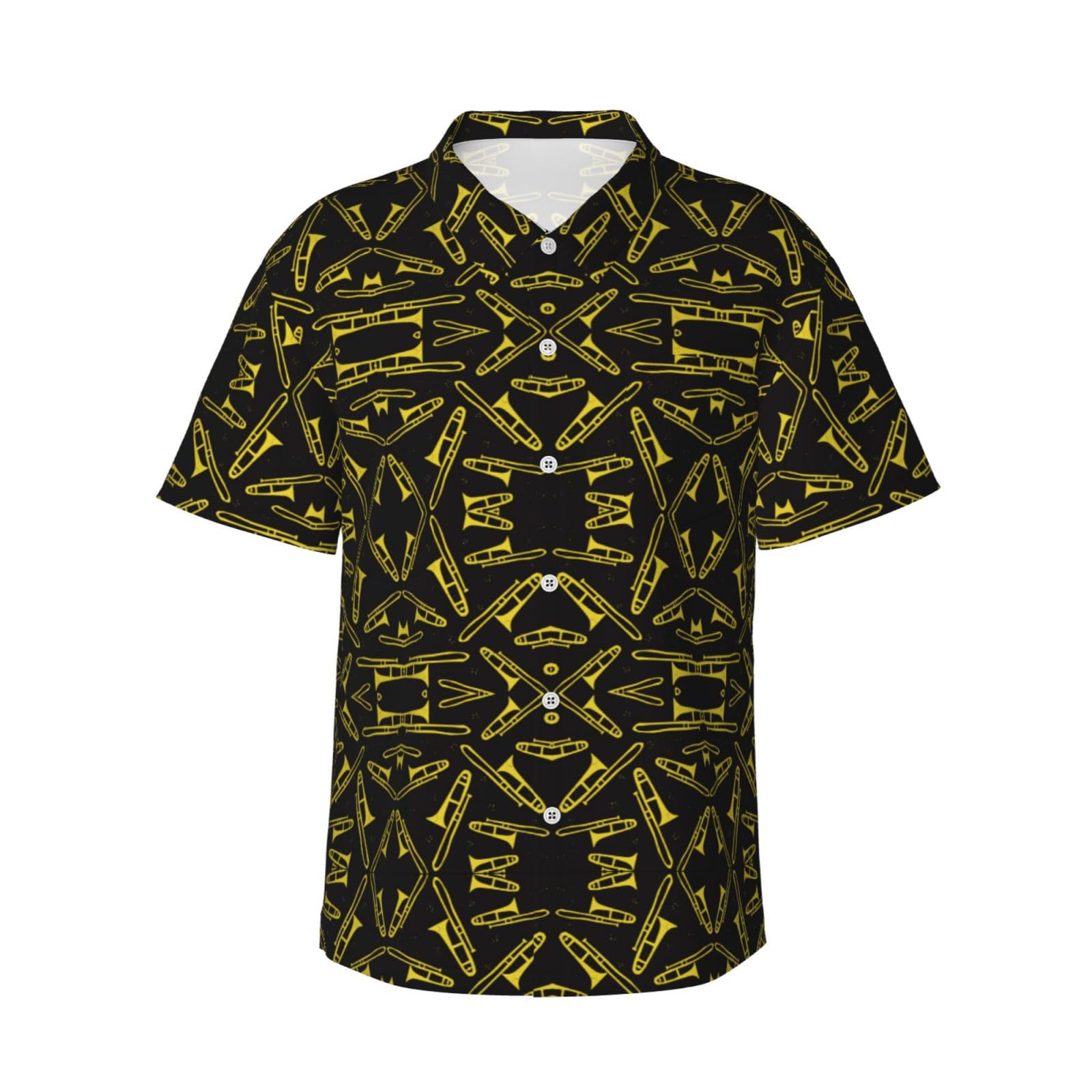 FJQWKLF Trombones Musical Instruments Hawaiian Shirts for Men, Summer Short-Sleeve Relaxed-Fit Button-Down Shirts