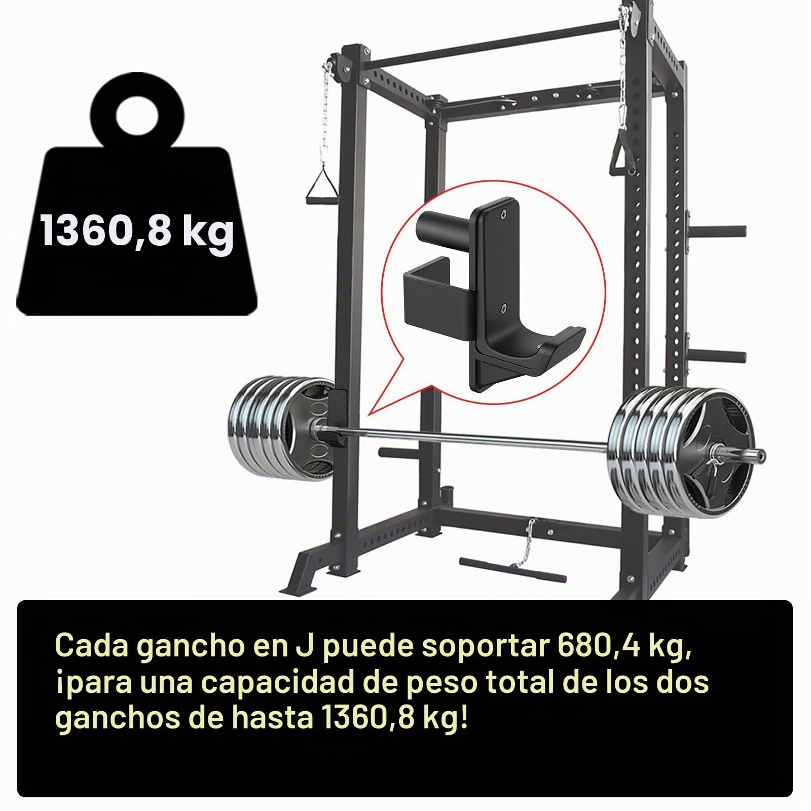 Kipika Soportes en J para jaula de potencia, 5 x 5 cm, agujero de 2,5 cm, con base de acero reforzado y almohadillas de goma, resistentes, para sentadillas, entrenamiento de fuerza, juego de 2