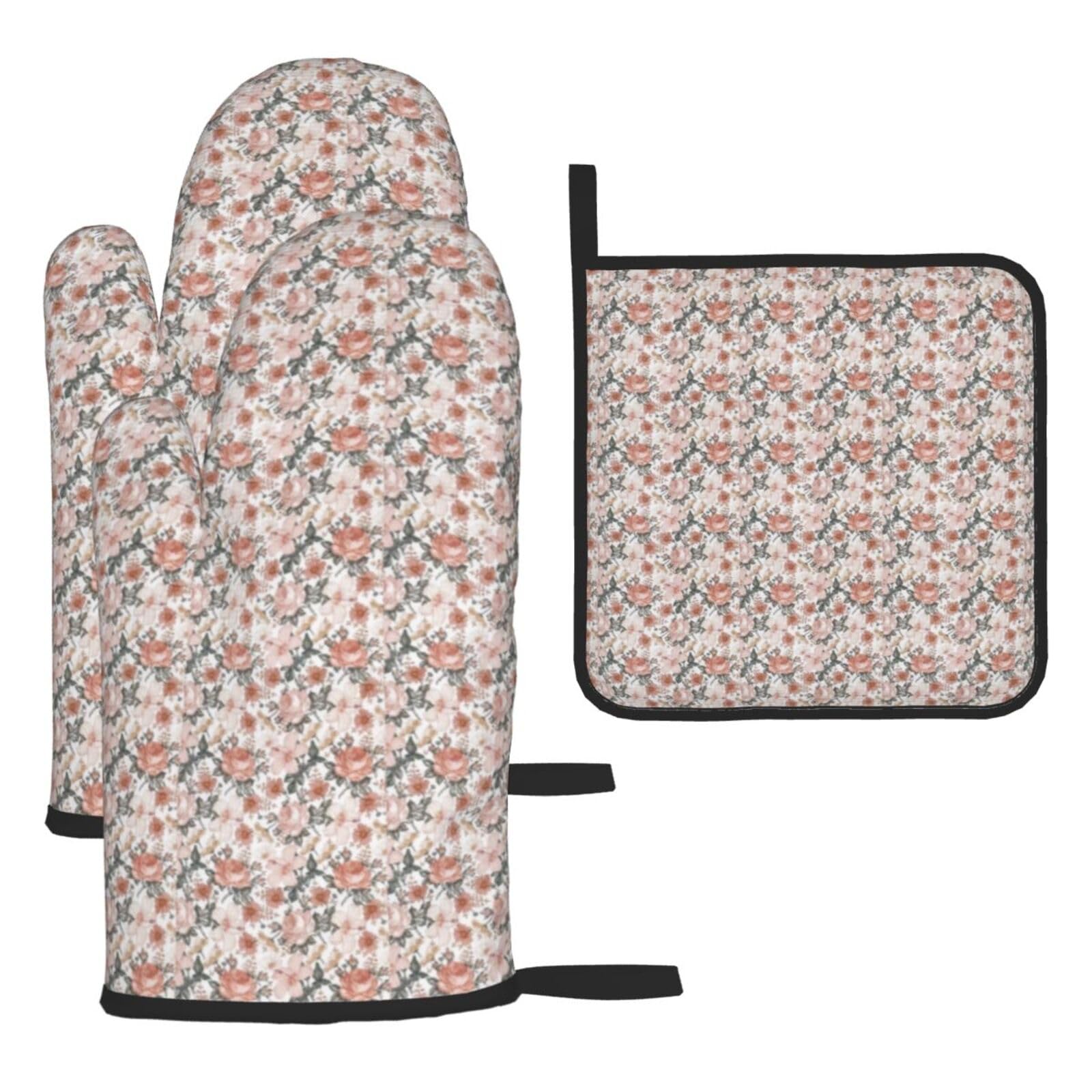 Flower Paris Eiffel Tower Print Oven Mitts Kitchen Gloves Set Everyday Baking Grilling Microwaving Cooking Gift