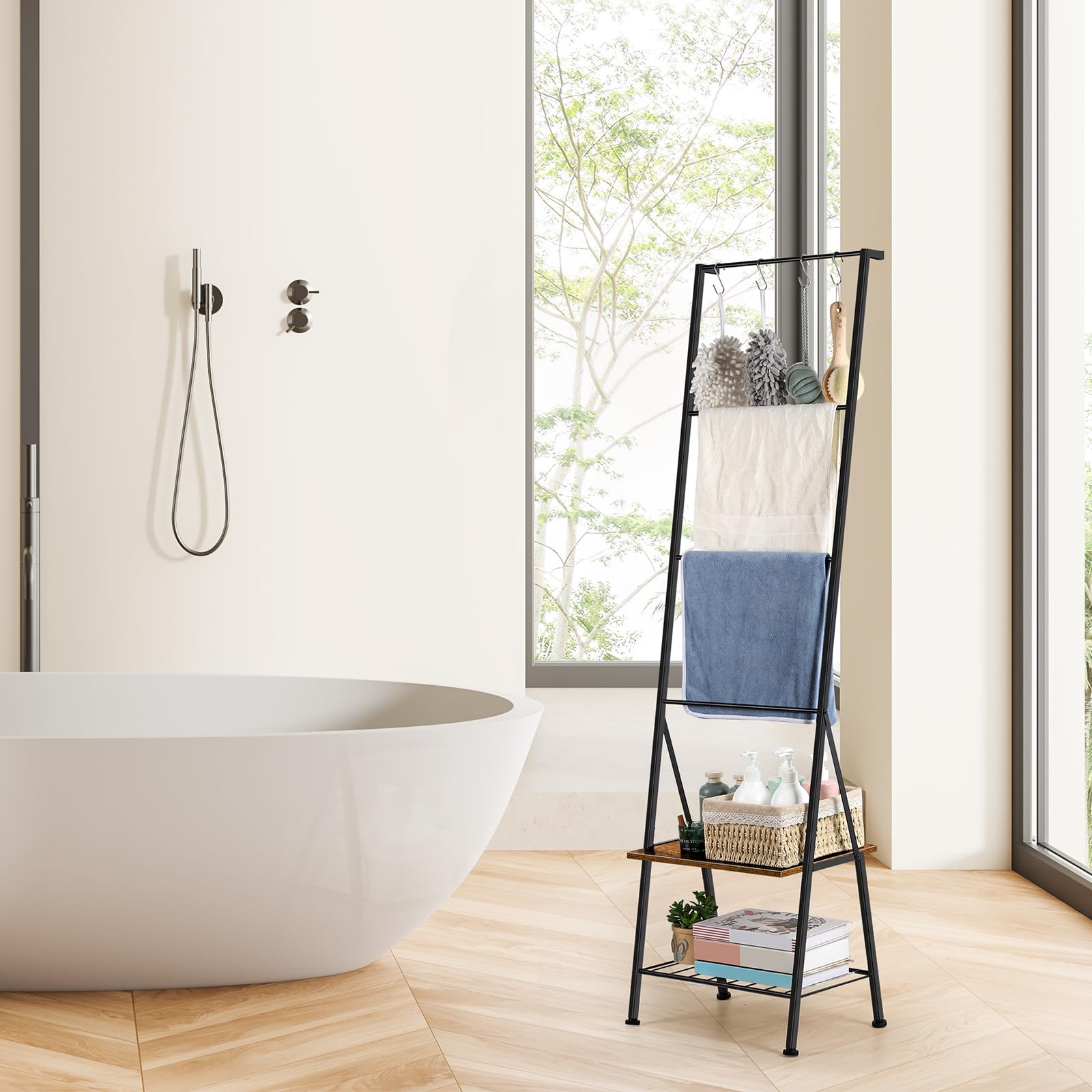 BTY Blanket Ladder Black Towel Ladder with Shelf Metal Blanket Ladder  Holder for Bathroom Standing Ladder Towel Rack with Hooks for Living Room 