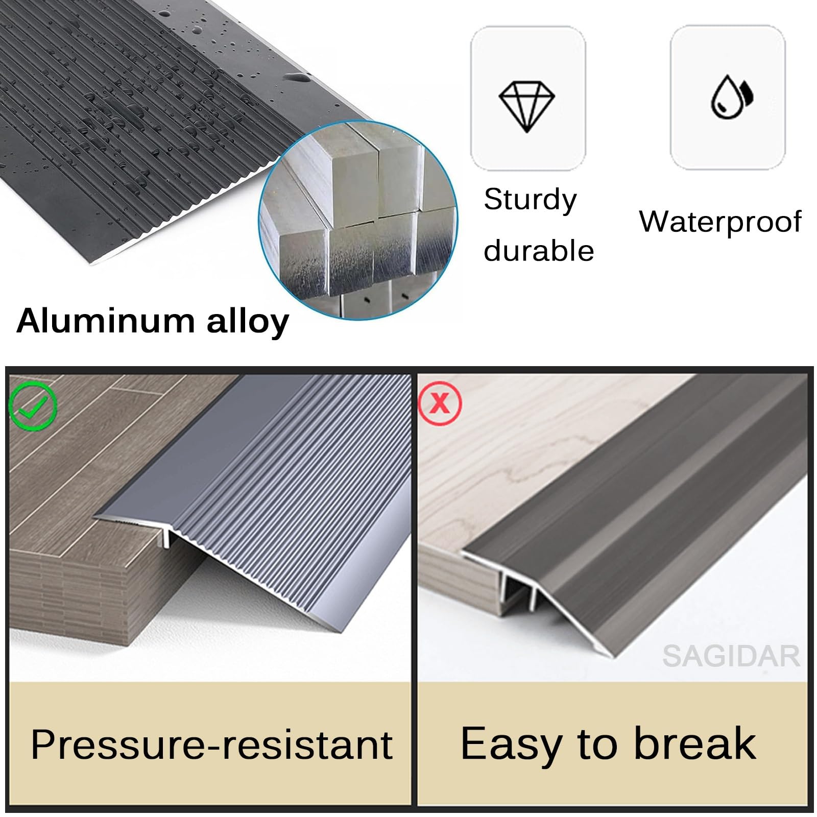 SAGIDAR Barre De Seuil De 10cm De Large, Bandes De Transition De Seuil Robustes, Seuils Réducteur en Aluminium, Robuste Et Durable, Facile À Installer, Rampe D'entrée Baguette Recouvrement