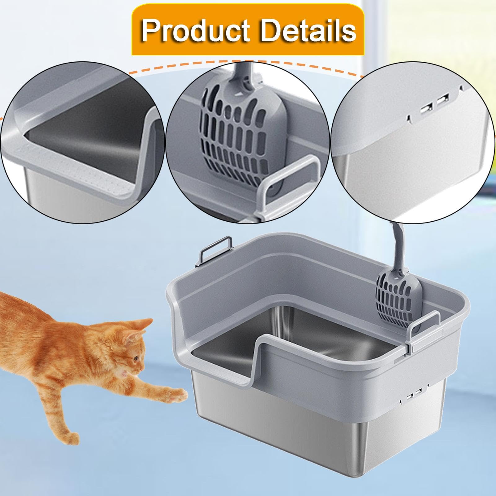 Arenero Semicerrado con Pala, Fabricado en Acero Inoxidable Y PP, con Bordes para Evitar Derrames, Apto para Gatos de Interior.