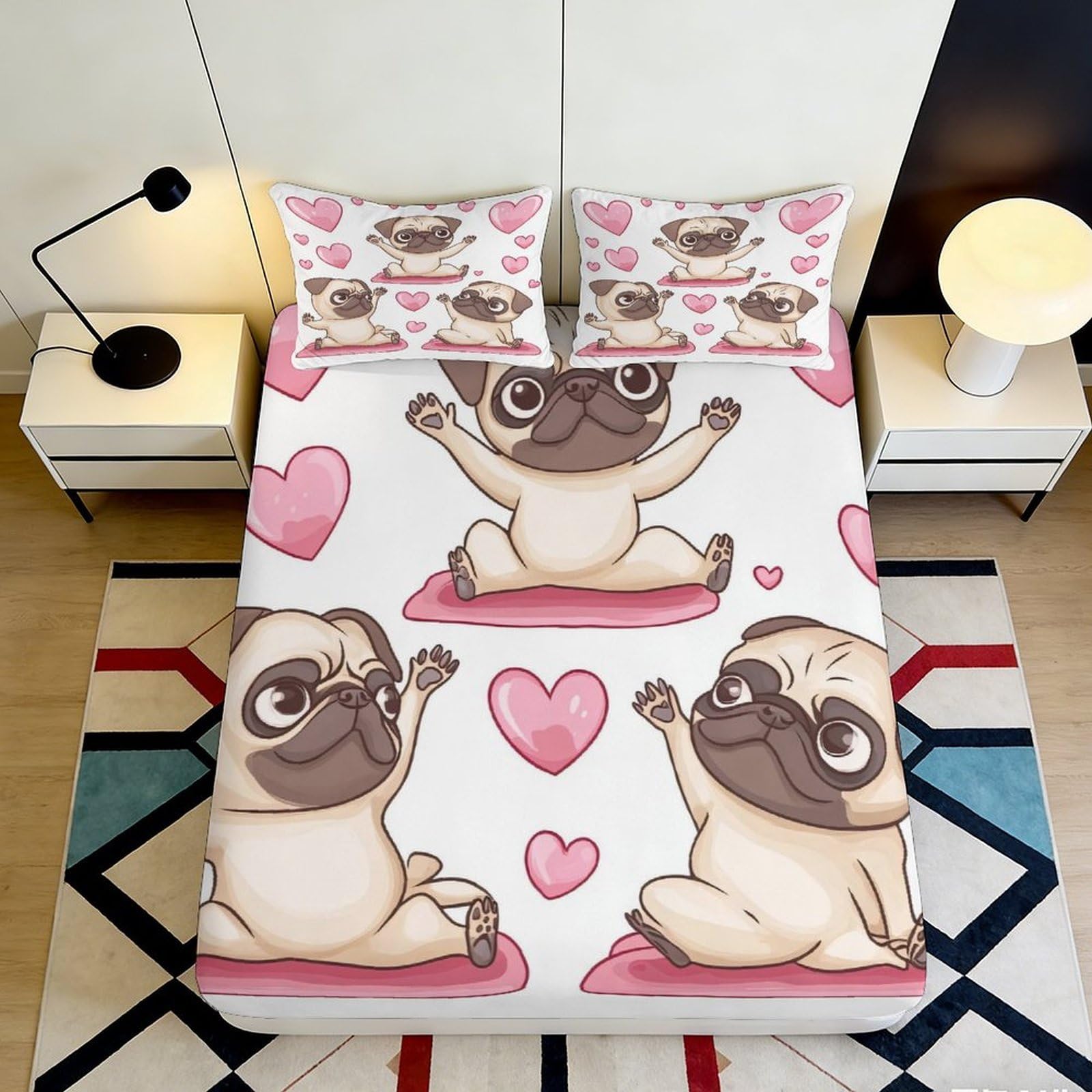 3D Printed Cute Pug Cartoon Fitted Sheet Microfiber Soft Breathable Love Hearts Bed Cover for Bedroom Dorm Mattress Decoration 140x200x25cm