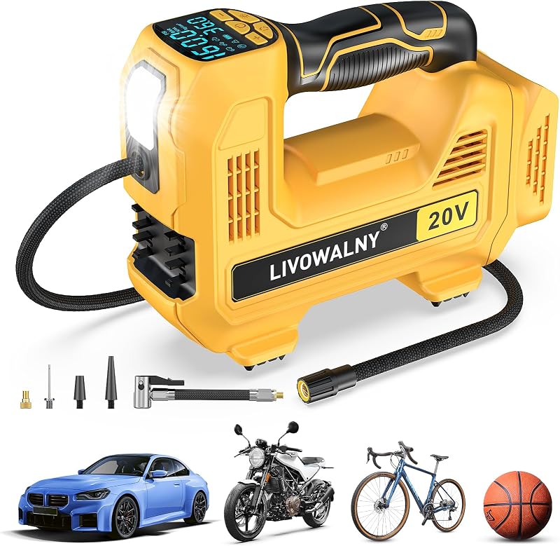 Cordless Tire Inflator Portable Air Compressor Tire Air Pump Compatible With Dewalt 20V Battery - LIVOWALNY 160PSI Auto Pump with Digital Pressure Gauge for Car Tires, Bicycle, Balloons (Tool Only)