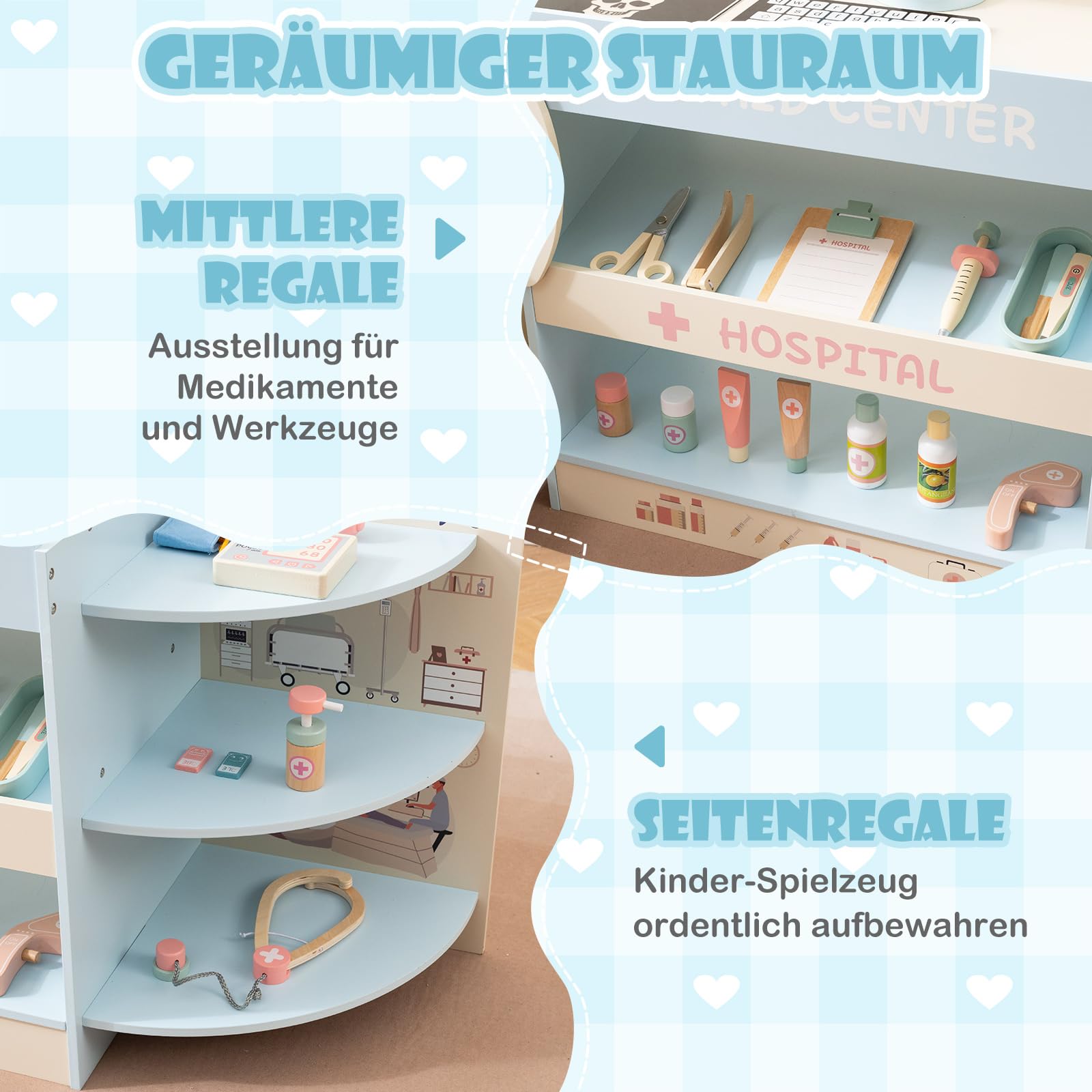 COSTWAY Holz Doktor Spielset, Krankenhaus Rollenspiel mit Sehtafel, Stethoskop, CT-Gerät, austauschbaren Filmen & medizinischen Zubehör, Arzt Set, Medizinisches Zentrum für Kinder ab 3 Jahren (Blau)