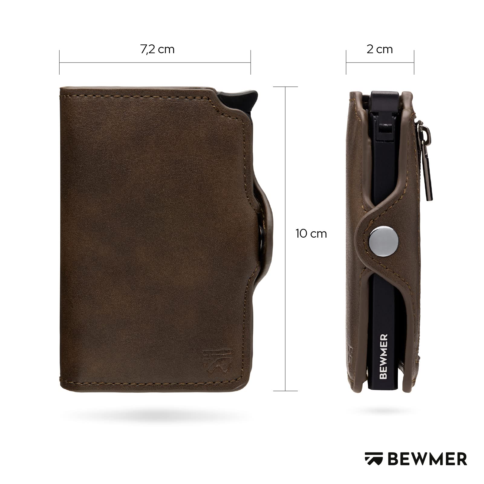 BEWMER Porta Carte di Credito 1 ZIP Schermato | Portafoglio Slim da Uomo e Donna | Porta Tessere e Documenti con Rfid Protection e Fermasoldi in Carbon Fiber (Marrone con Zip)