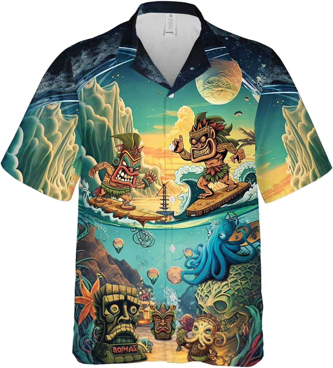 Tiki Hawaiian Shirts for Men - Tiki Tribal Mask Mens Hawaiian Button Down Short Sleeve Shirts Set 34
