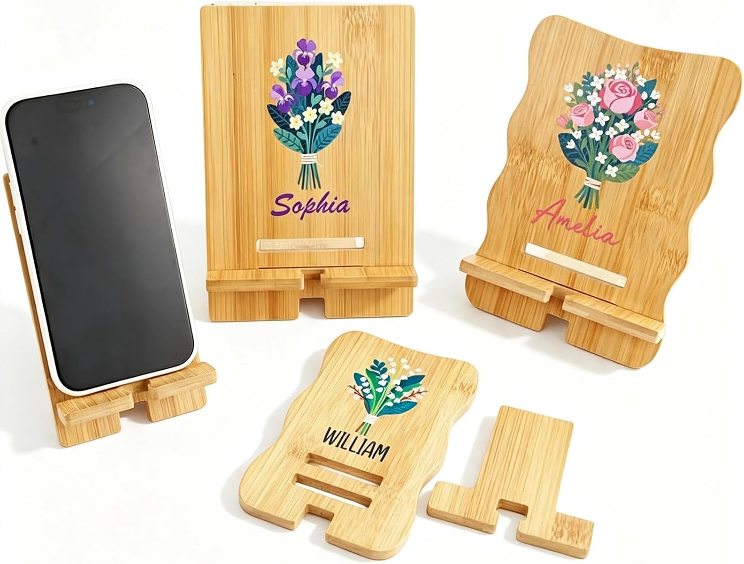 Personalized Wood Phone Stand for Women, Custom Phone Holder with Name & Birth Flower, Portable Tablet Stand for Home Office Travel Treadmill, Compatible with All Cell Phones, Birthday Gifts