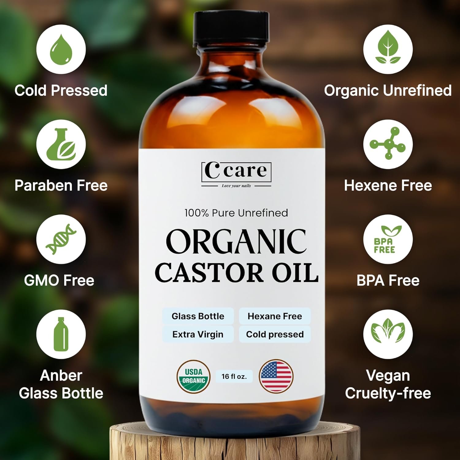 Castor Oil 100% Pure Organic Cold Pressed Unrefined Glass Bottle | USDA Certified Organic | Hexane Free Extra Virgin | for Hair Growth Eyebrows Eyelashes Skin and Castor Oil Pack Wrap | 16oz thumbnail