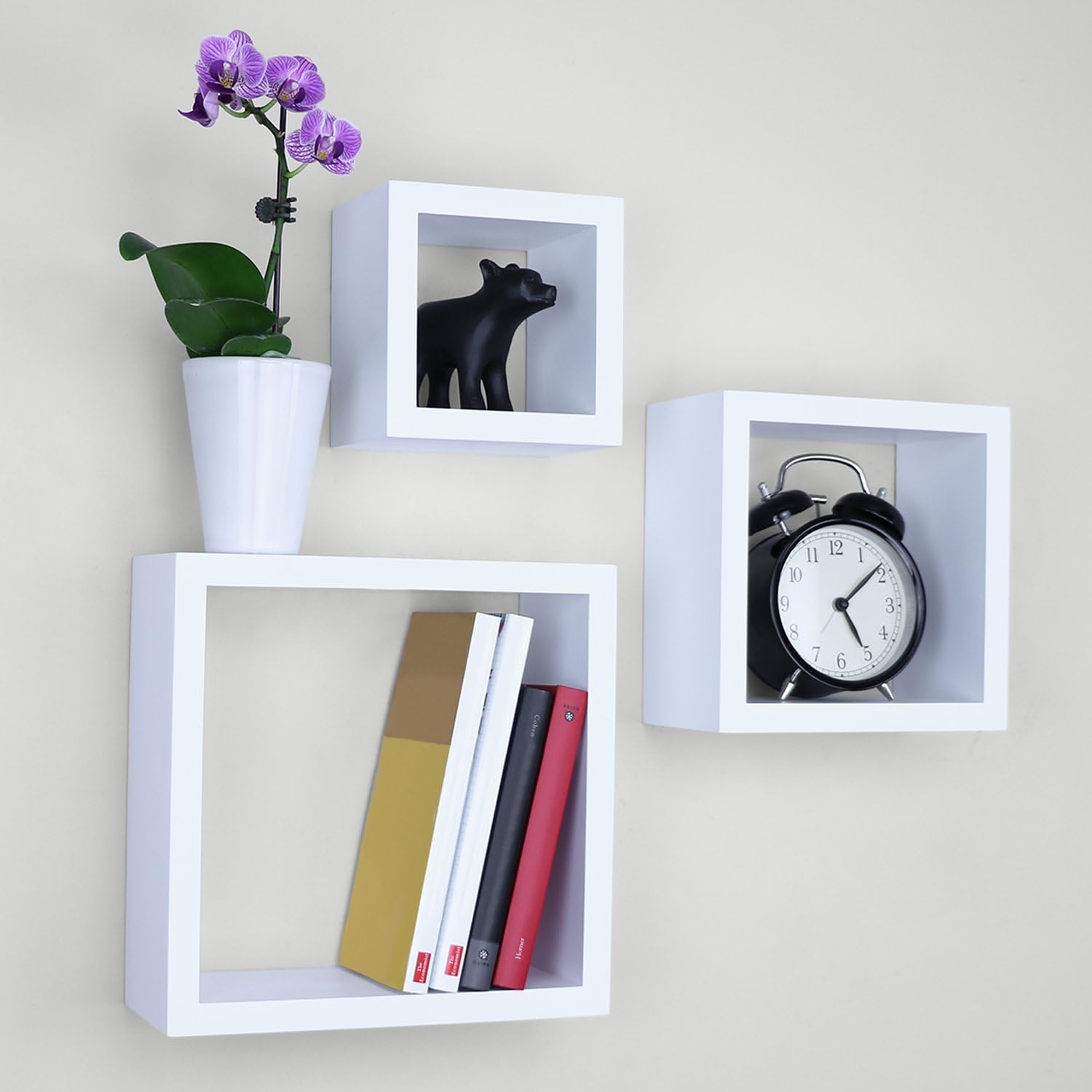 Ballucci Floating Box Shelves, Square Cube Wall Mounted Wood Shelf for Living Room, Bedroom, Bathroom, Nursery, Set of 3, White