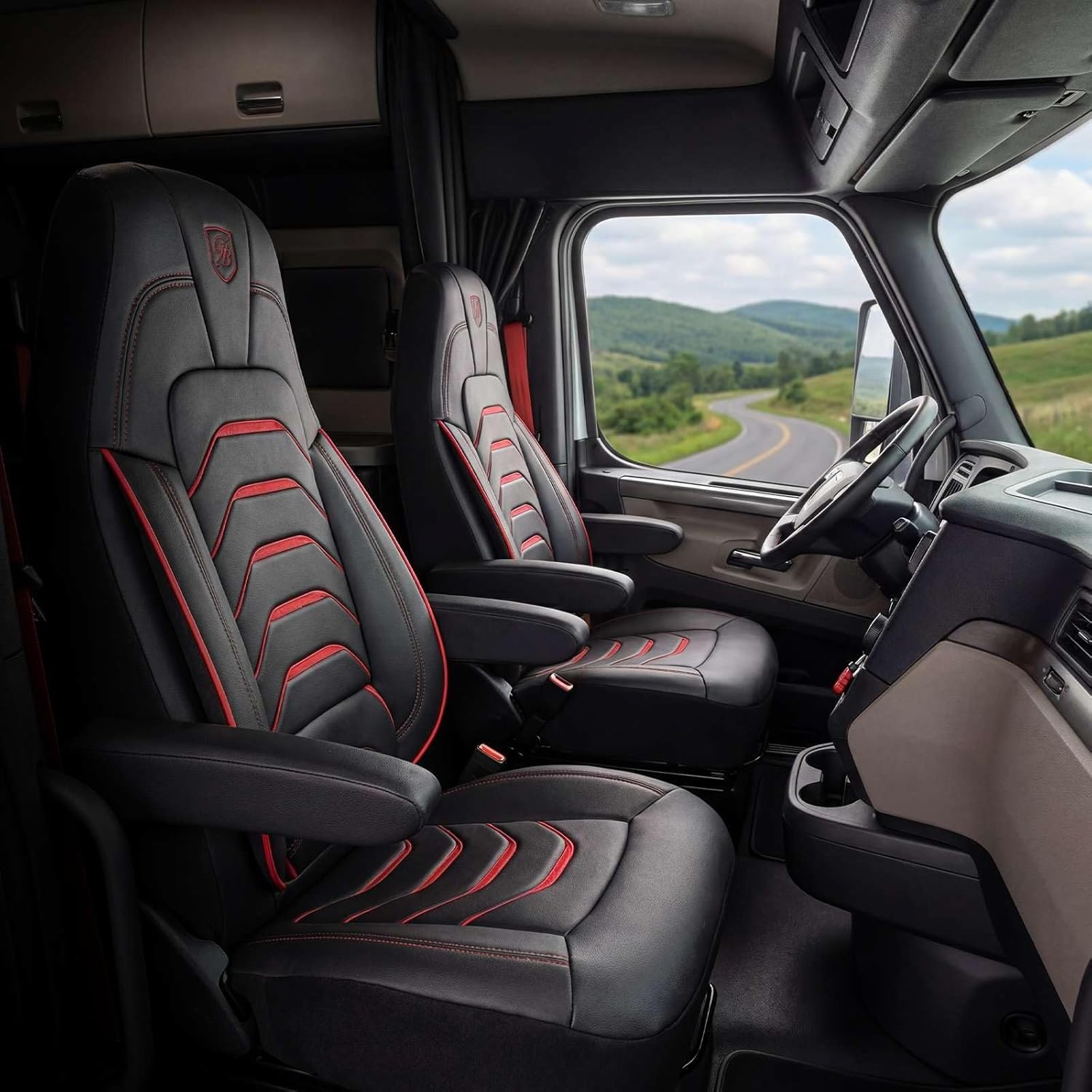 Custom Fit Truck Seat Cover for Cascadia 33” – Premium Vinyl Fabric – Black with Red Stitching – Includes Armrest Covers and Assebly Tool