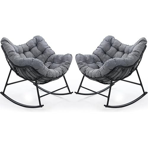 Kromax Oversized Outdoor Papasan Rocking Chair Set of 2, Wicker Egg Chair Rocker for Outside, Comfy Patio Rocker, Large Indoor Rocking Recliner, Modern Egg Style, Grey