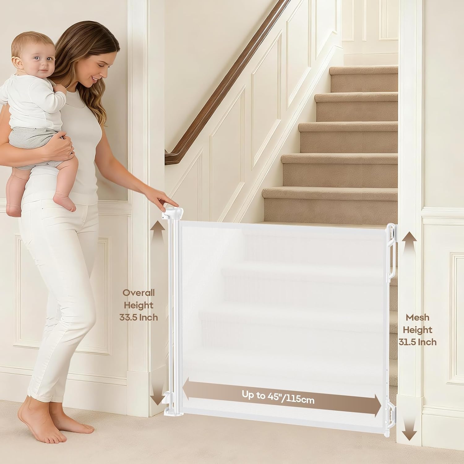 Retractable Safety Baby Gate or Mesh Dog Gate,Durable Portable Mesh Retractable Gate,Easy to Use for Stairs, Doorways, Hallways, Indoor, Outdoor, 33.5" Tall, Up to 45" Wide, White
