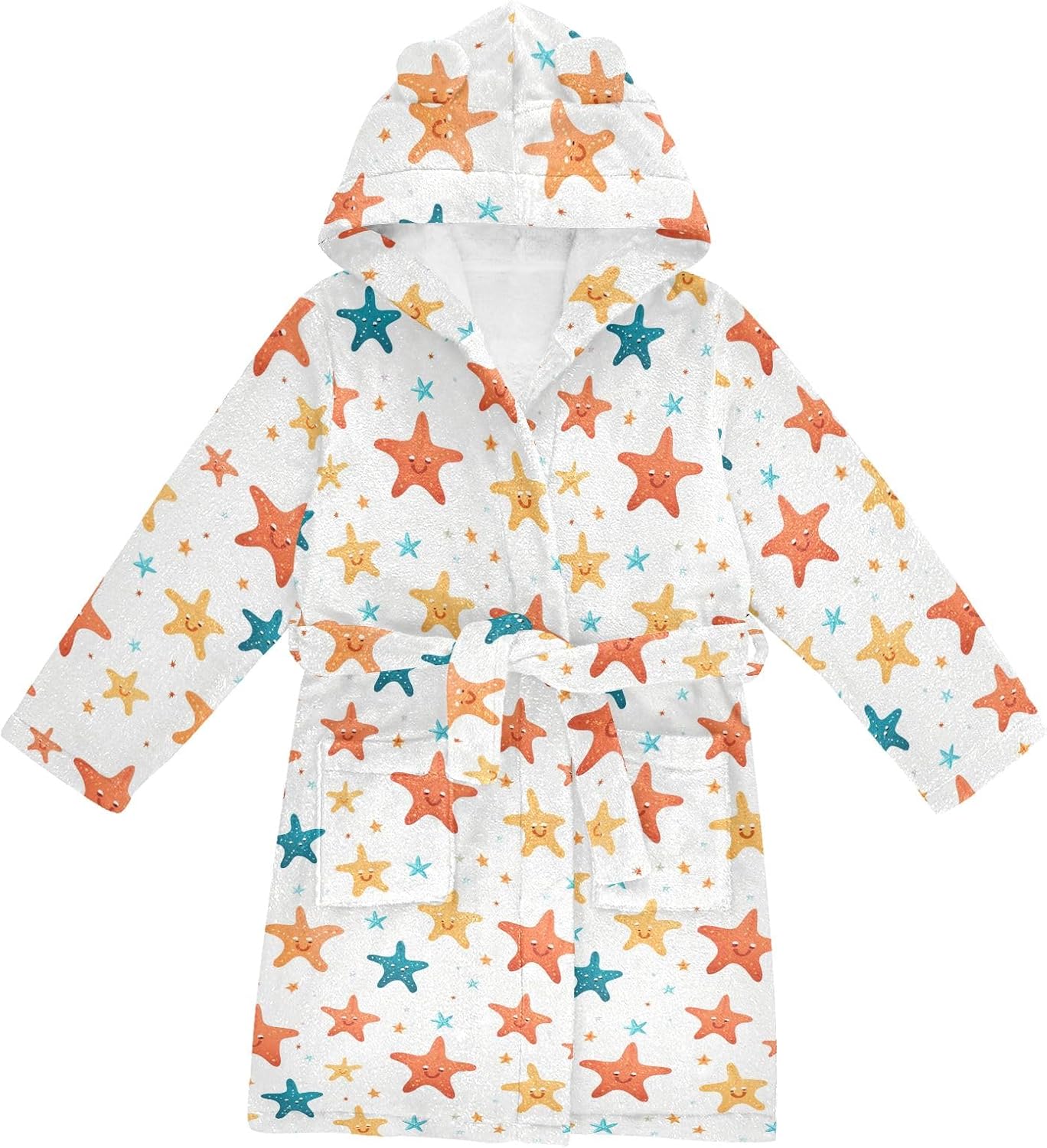 Starfish Creative Cartoon Tiled Pattern Toddler Hooded Bathrobe for Boys Girls Soft Plush Bath Towel Robe 2-12 Years