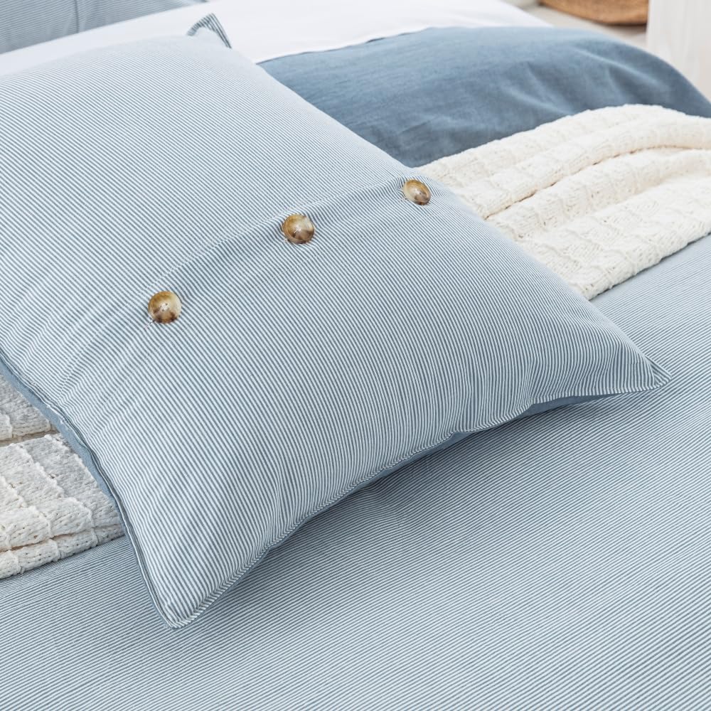 DAUAOTO King Size Duvet Cover Set 104"X90" Zipper Closure, Washed Cotton Bedding Reverse to Yarn-Dyed Stripe, Chambray - Image 6