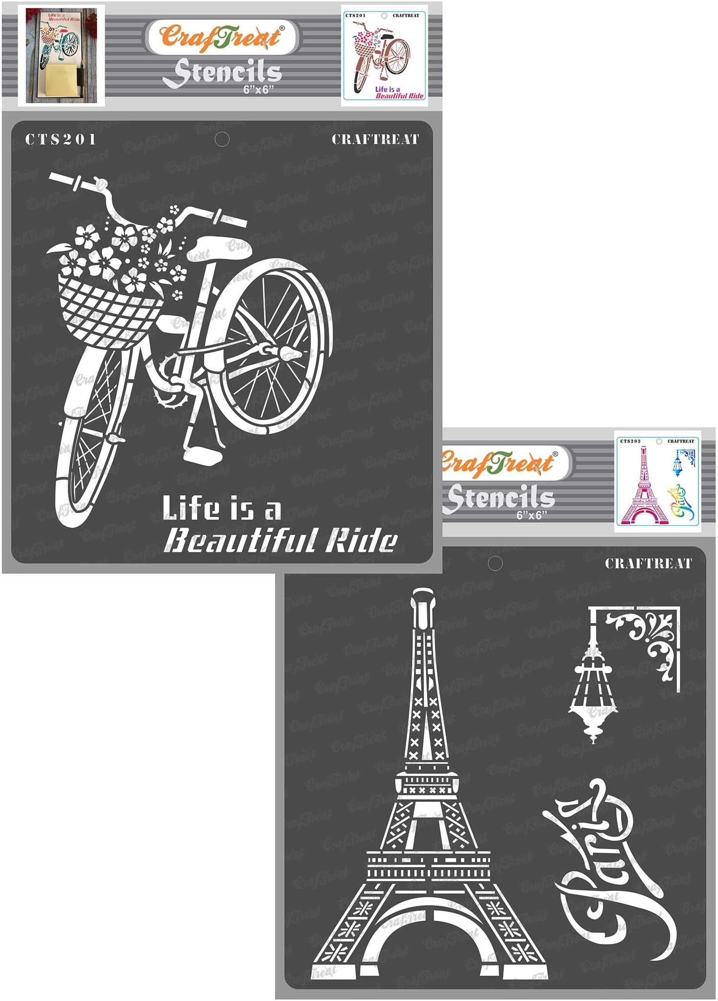 CrafTreat Cycle Stencils for Wall Painting - Life is a Beautiful Ride and Eiffel Tower Paris - Size: 6X6 Inches (2Pcs) - Quotes Stencils for Painting on Canvas - Stencils Combo Pack