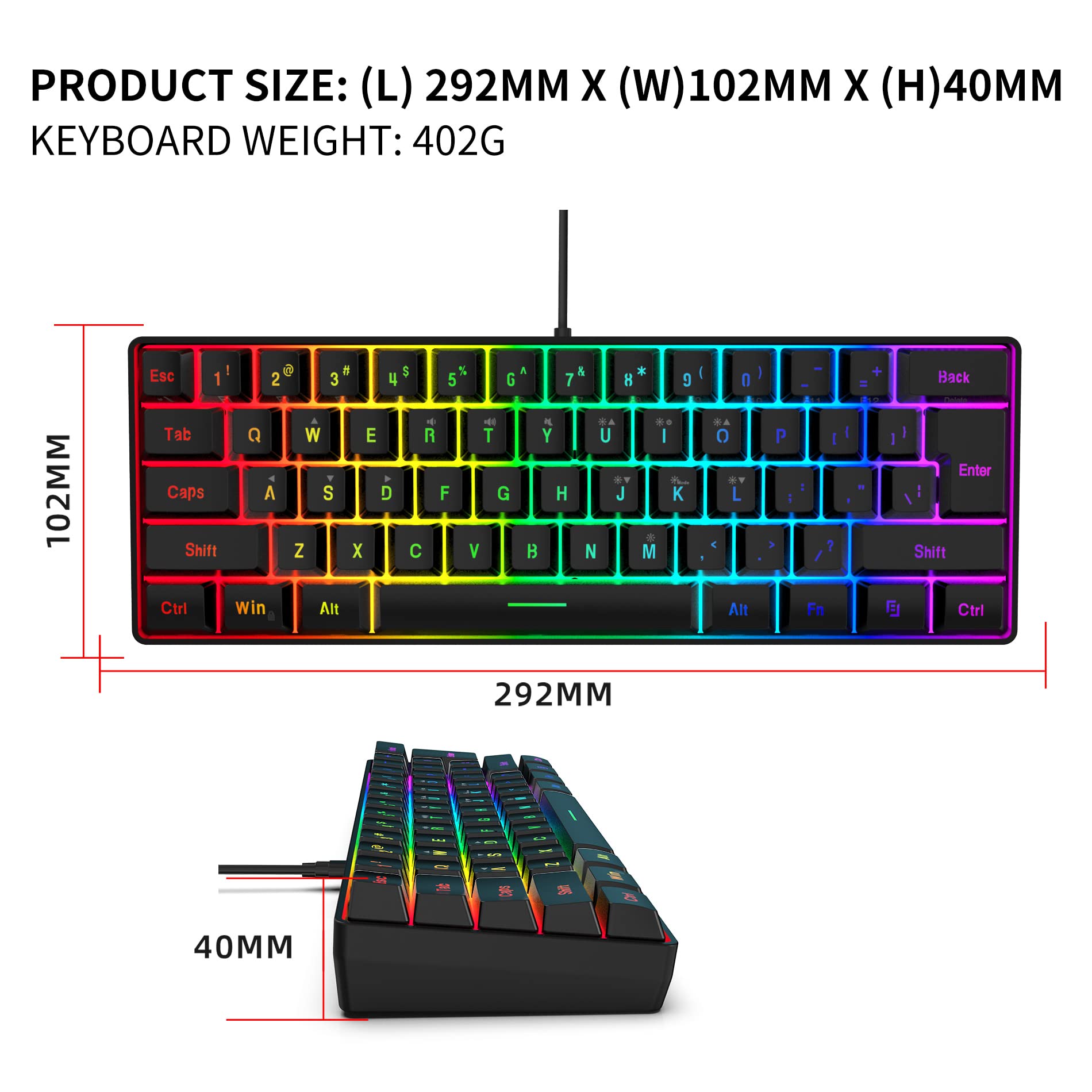 DGG 60% Gaming Keyboard and Mouse Combo, Small Keyboard and Mouse Set, Mini Gaming Keyboard 61 Keys True RGB Mechanical Feeling Keyboard Mouse Combo for Computer PC Gamer view 8