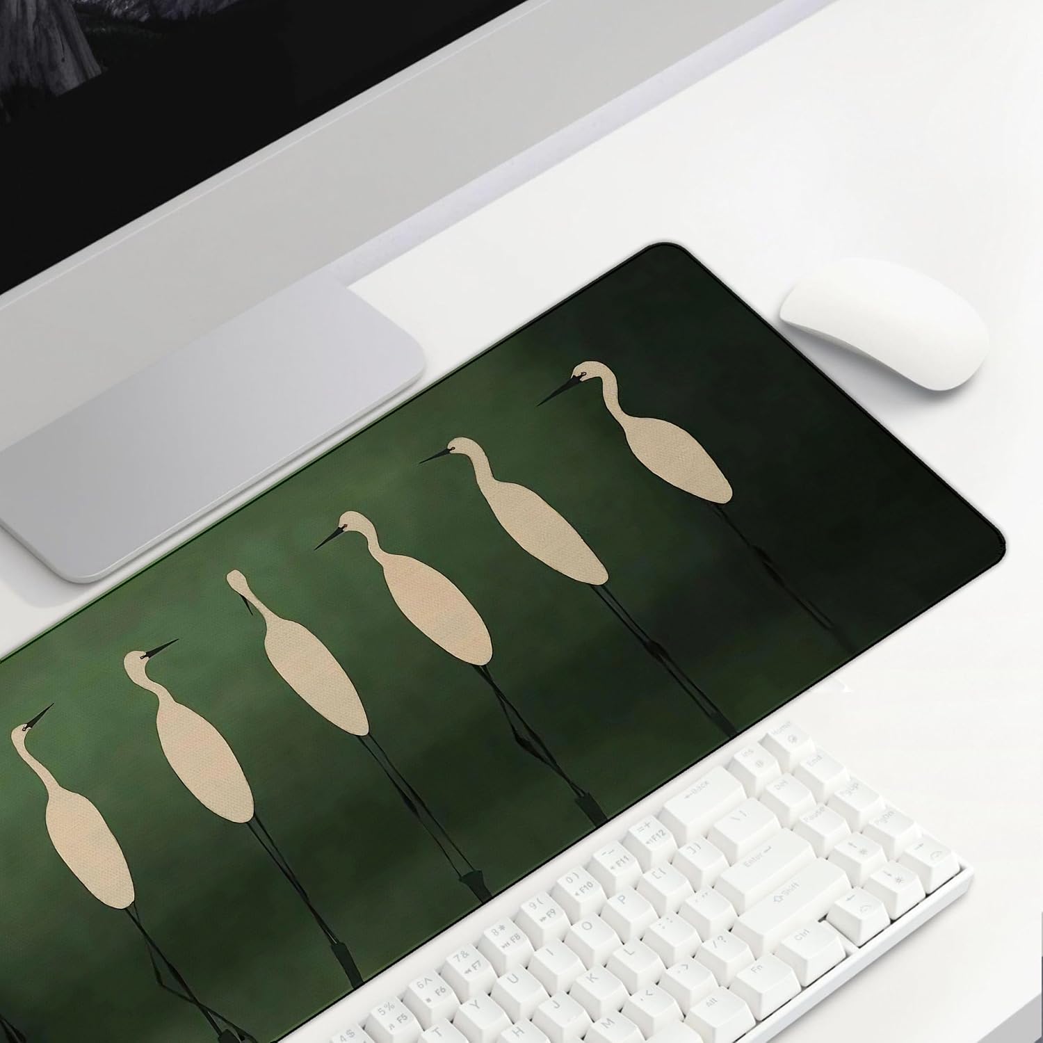 White Birds Mouse Pad, Deep Green Heron Large Gaming Mousepad Aesthetic, Green White Desk Accessorie for Desktop Decoration, Gifts for Bird Lover Birds Office Supplies for Women 31.5x11.8 in image 5