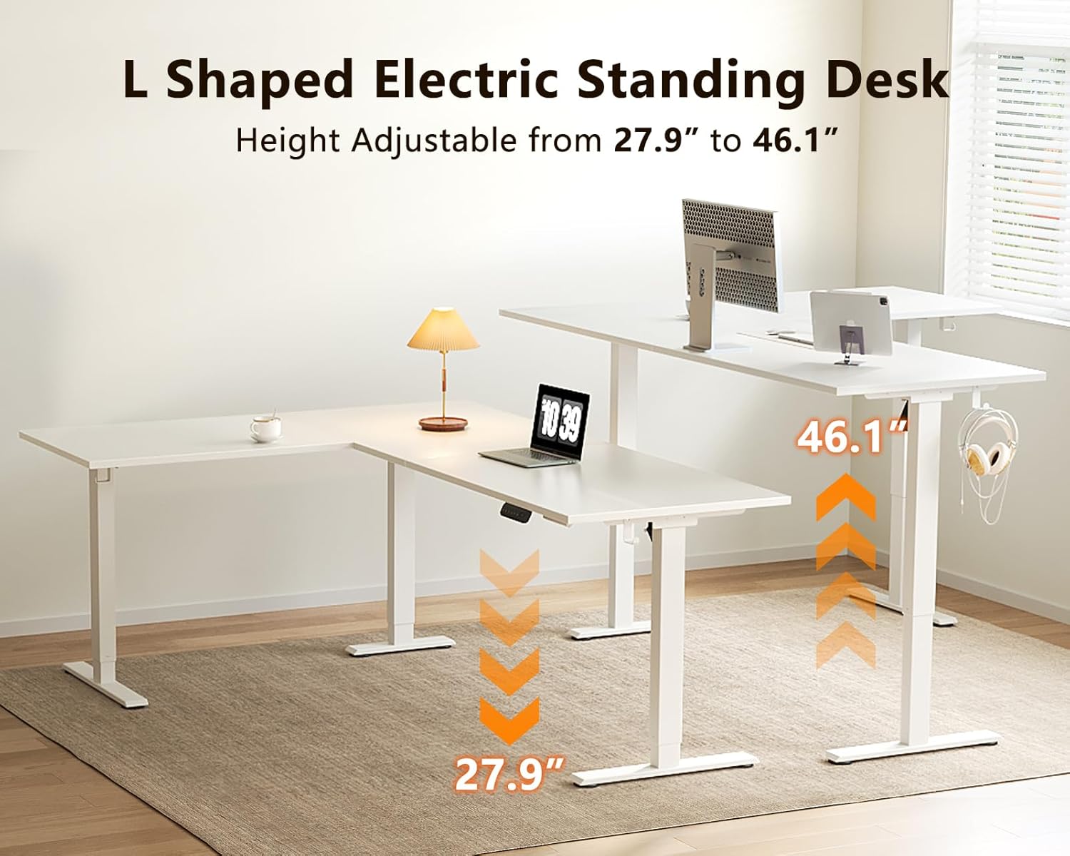 Visual representation of the desk adjusting from a low sitting height to a high standing height.
