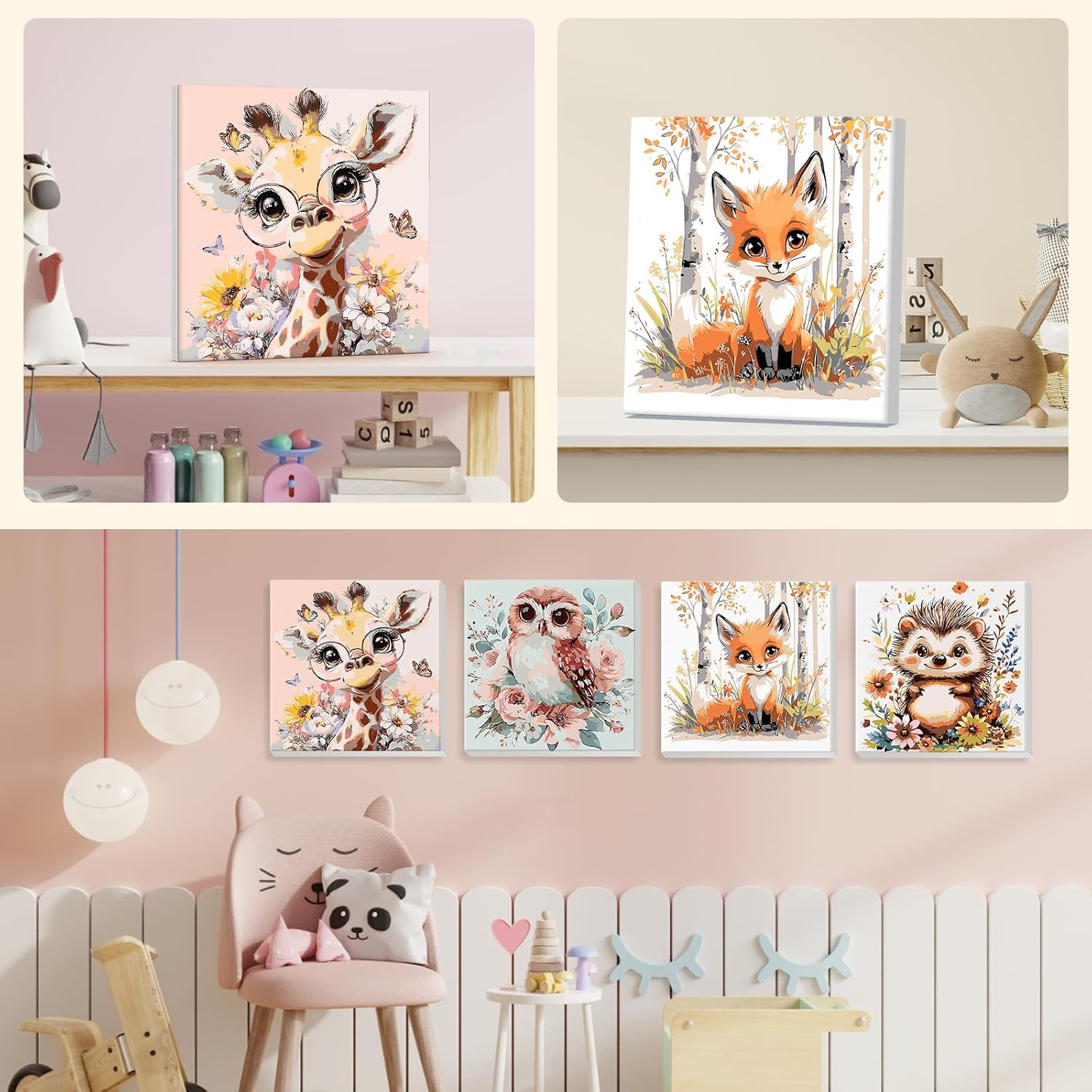 4 Pack Paint by Numbers Kit for Kids Beginner with Wooden Frame, Cute Giraffe, Owl, Fox, Hedgehog, Paint by Numbers Kit for Adults, Adorable Animal, DIY Painting Kits for Home Wall Decor 8x8 inch image 2