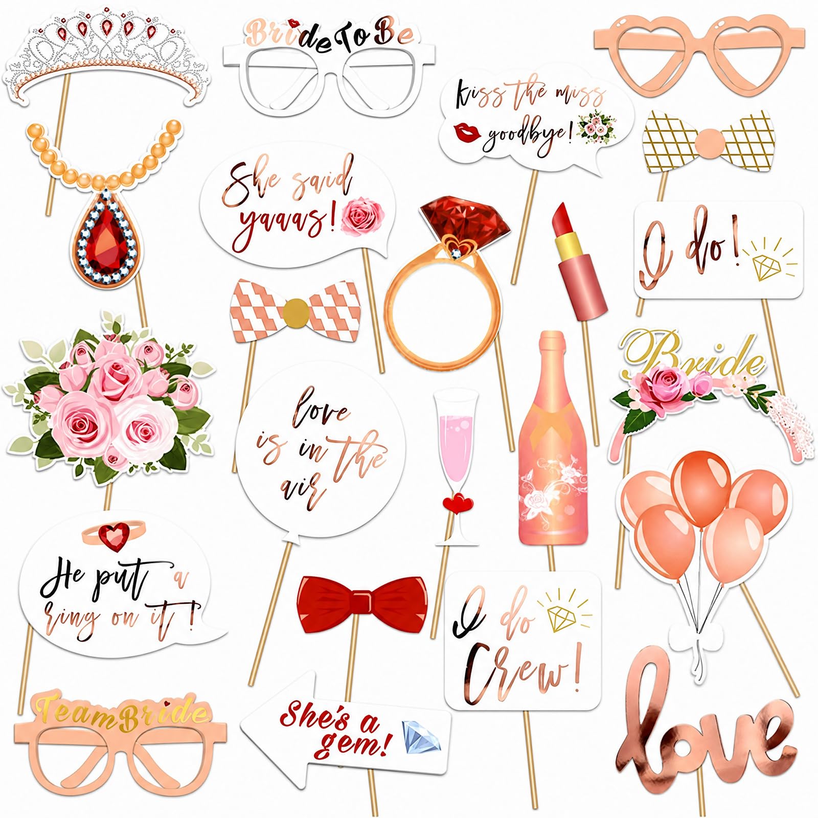Kemay 23Pcs Rose Gold Hen Party Accessories Photo Booth Props, Team Bride Selfie Props for Hen Do Decorations, Bridal Shower, Bachelorette Party Games and Wedding Photo Props