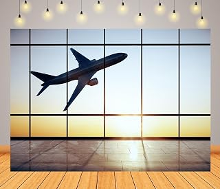 BELECO 20x10ft Fabric Airplane Backdrop Airport Terminal Window, Airplane Landing Take-Off Background Pilot Airplane Party Decorations Birthday Shoot Photo Studio Props