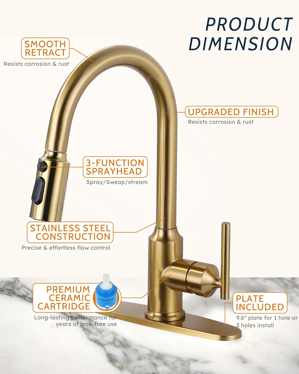 WOWOW Kitchen Faucets with Pull Down Sprayer, Gold Kitchen Faucet with Sprayer, 304 Stainless Steel High Arc Single Handle Pull Down Kitchen Faucet for Kitchen Sink Faucet with Soap Dispenser