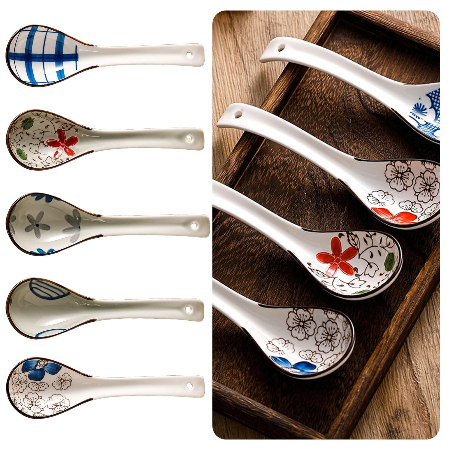 Set Di 5 Cucchiaio Per Zuppa Giapponese,Cucchiaini Ceramica, Cucchiai Da Ramen, Cucchiai Da Minestra Cinesi, Cinese Cucchiai Da Zuppa, Creativo Stoviglie Cucina Per Wonton Pasta Caffè