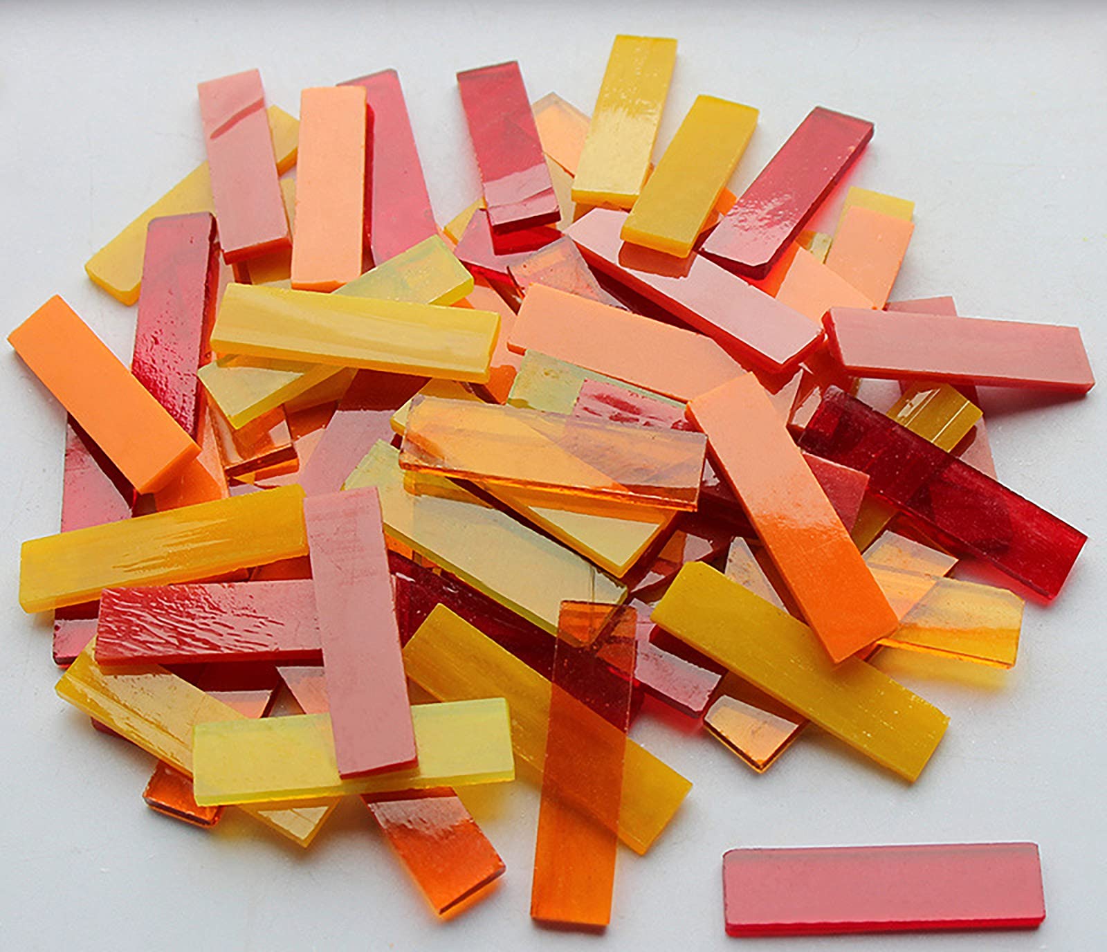 Mosaic Tiles 70 Pieces / 200 g Pack of Mica Glass Mosaic Mosaic Tile Supplies for Home Decoration, DIY Crafts, Plates, Picture Frames, Flowerpots – 1x4 cm Rectangle Tiles (Red Orange Yellow Mix)