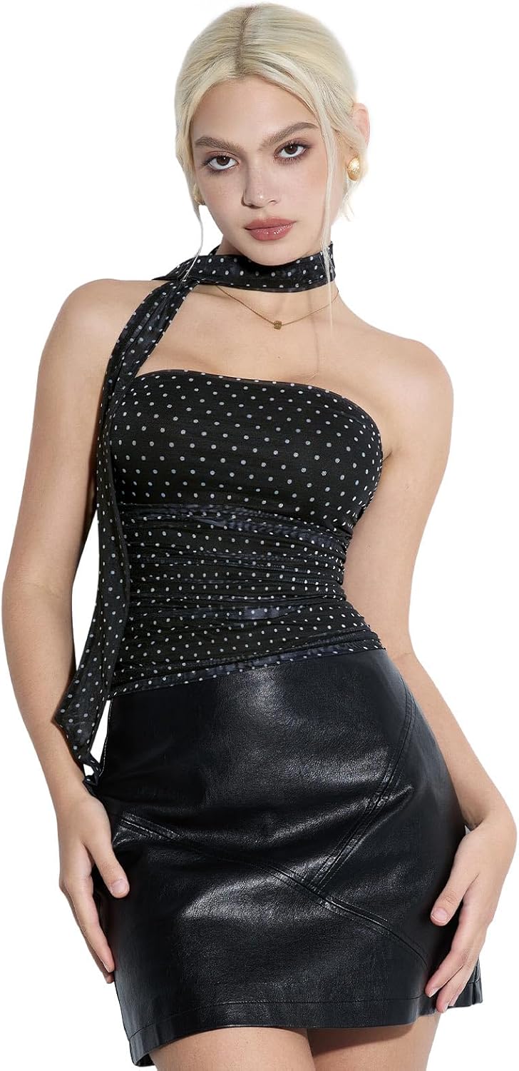 SUUKSESS Women Ruched Strapless Mesh Tube Top Y2k Sleeveless Bandeau Tank Tops with Scarf 2025 - Image 3