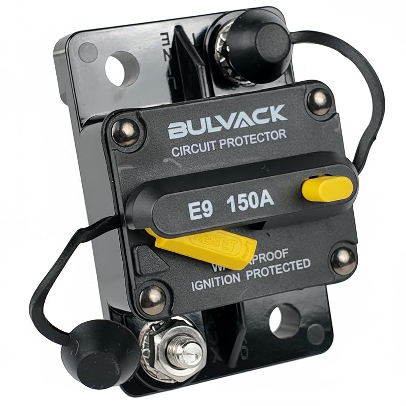 Disjuntor automático 150 A BULVACK E9 com rearme manual, montagem superficial e proteção IP67 – 12 V a 48 V CC