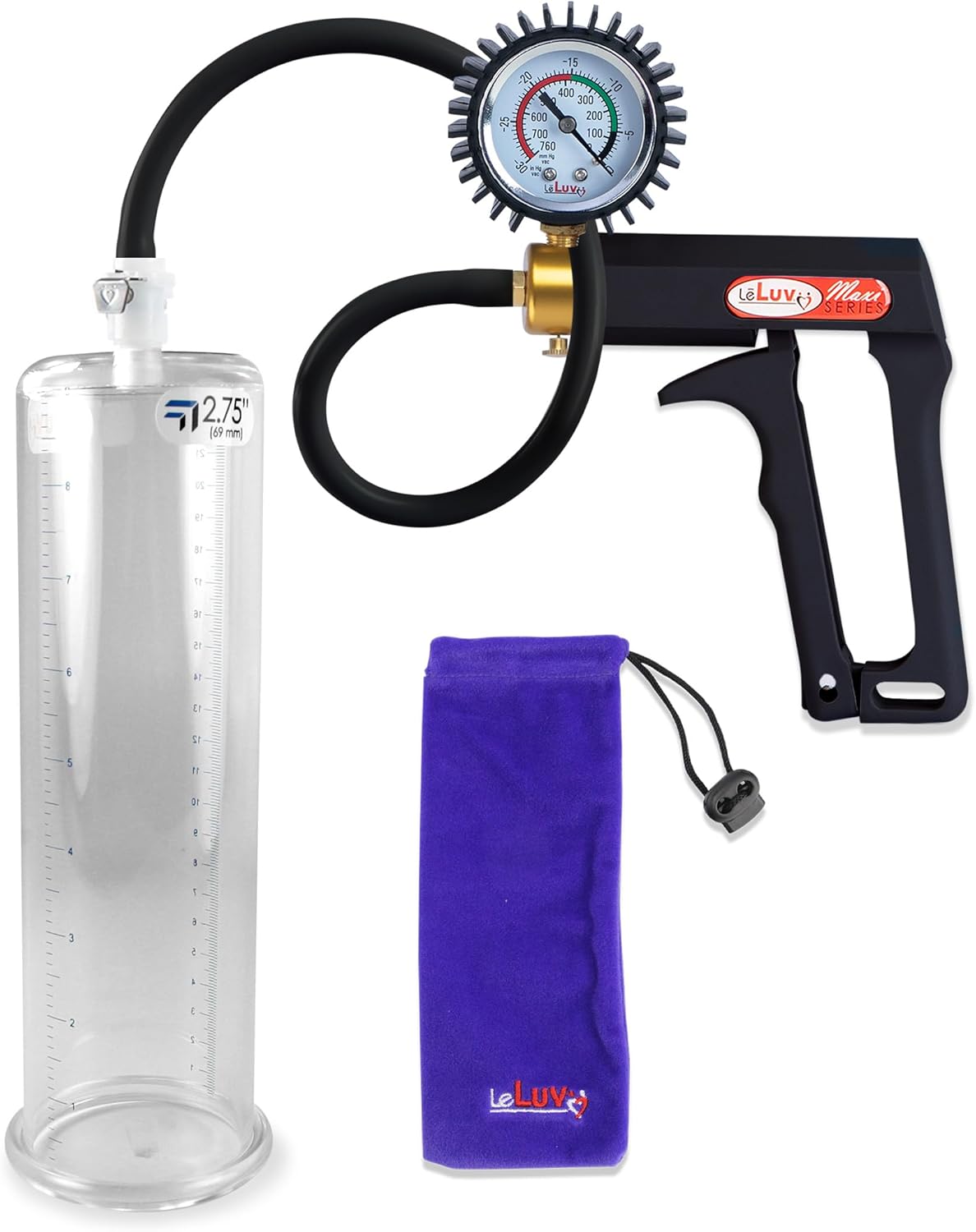 LeLuv Black Maxi Penis Pump with Rubber Protected Gauge Premium Silicone Hose Kit 9 inch Length x 2.75 inch Diameter Cylinder