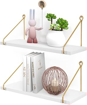 Afuly Folating Shelves Rose Gold Small Shelf Wall Mounted Metal Heart Design, White and Gold Floating Shelves Home Decor for Bathroom Kitchen Livingroom