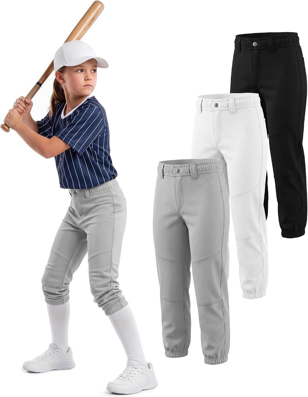 Halfchet 3 Pack Girls Softball Pants Youth Practice Baseball Stretchy Pants with Pockets Belt Loops Toddler for 4t-14y Kids