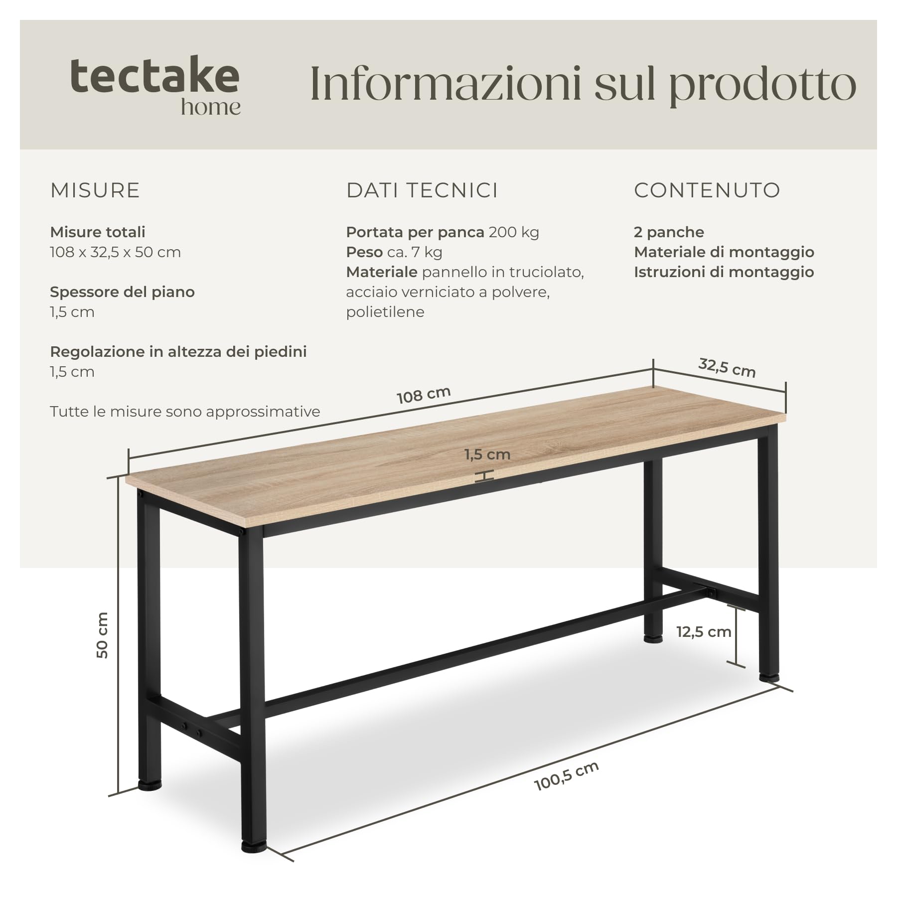 tectake® Set con 2 Panche, Design Lineare, 108x32,5x50 cm, Telaio in Acciaio, Piano in Legno, Panche Da Esterno e Interno, Panca per Tavolo Birreria - Industriale Legno Chiaro, Rovere Sonoma