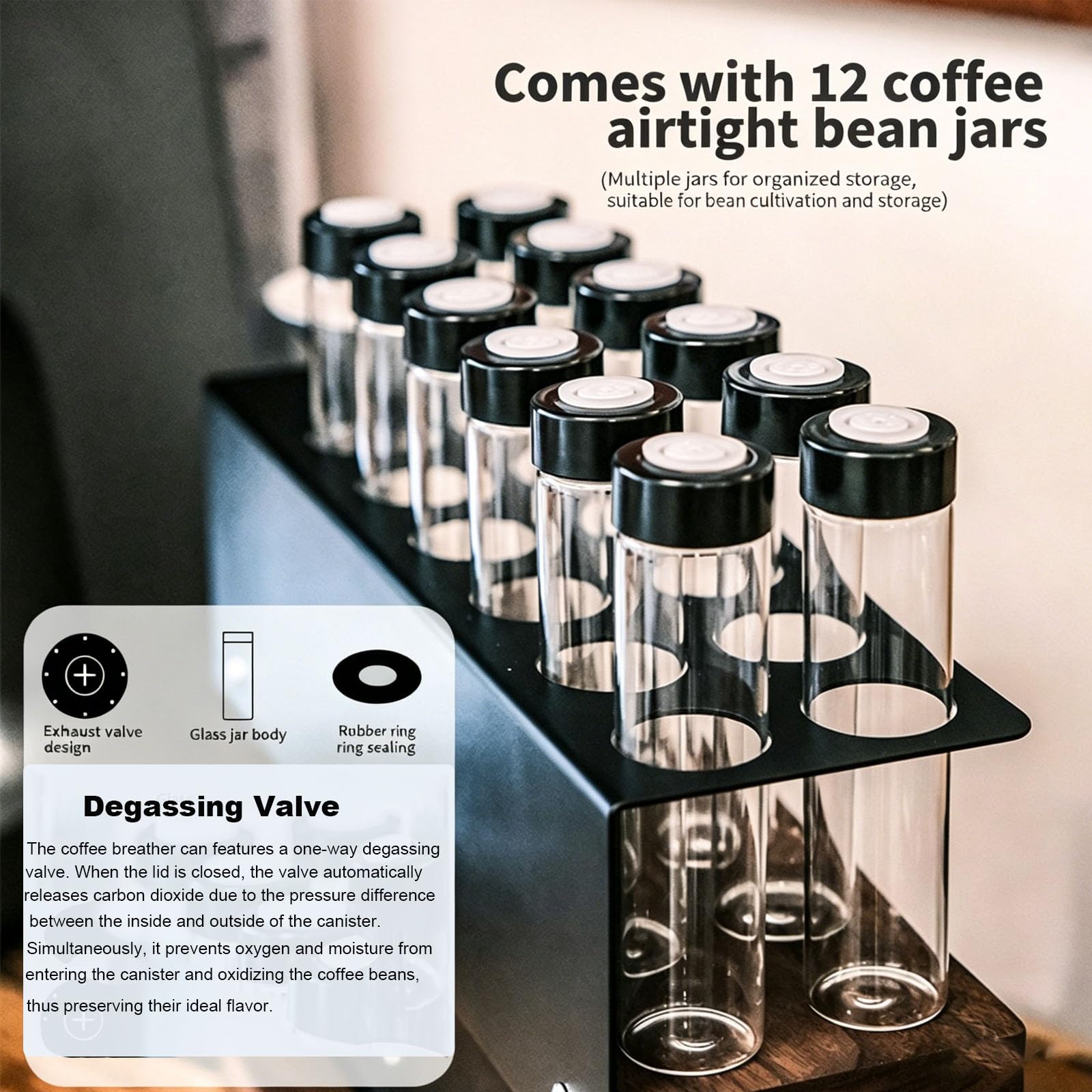 Organizador De Granos De Café De Madera con 12 Tubos, Contenedor PortáTil para Dosis Individuales, 3 Orificios para El Recipiente De Polvo & 2 Rejillas De DistribucióN De Agua