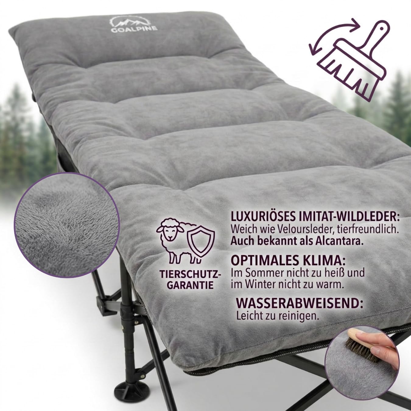 GOALPINE® OASE | Feldbett Groß mit Matratze [Wildtierleder Imitat] & Kissen | für Camping | klappbar | Campingbett XXL | als Gästebett und im Garten nutzbar | 1 Person bis zu 200 kg | extra breit