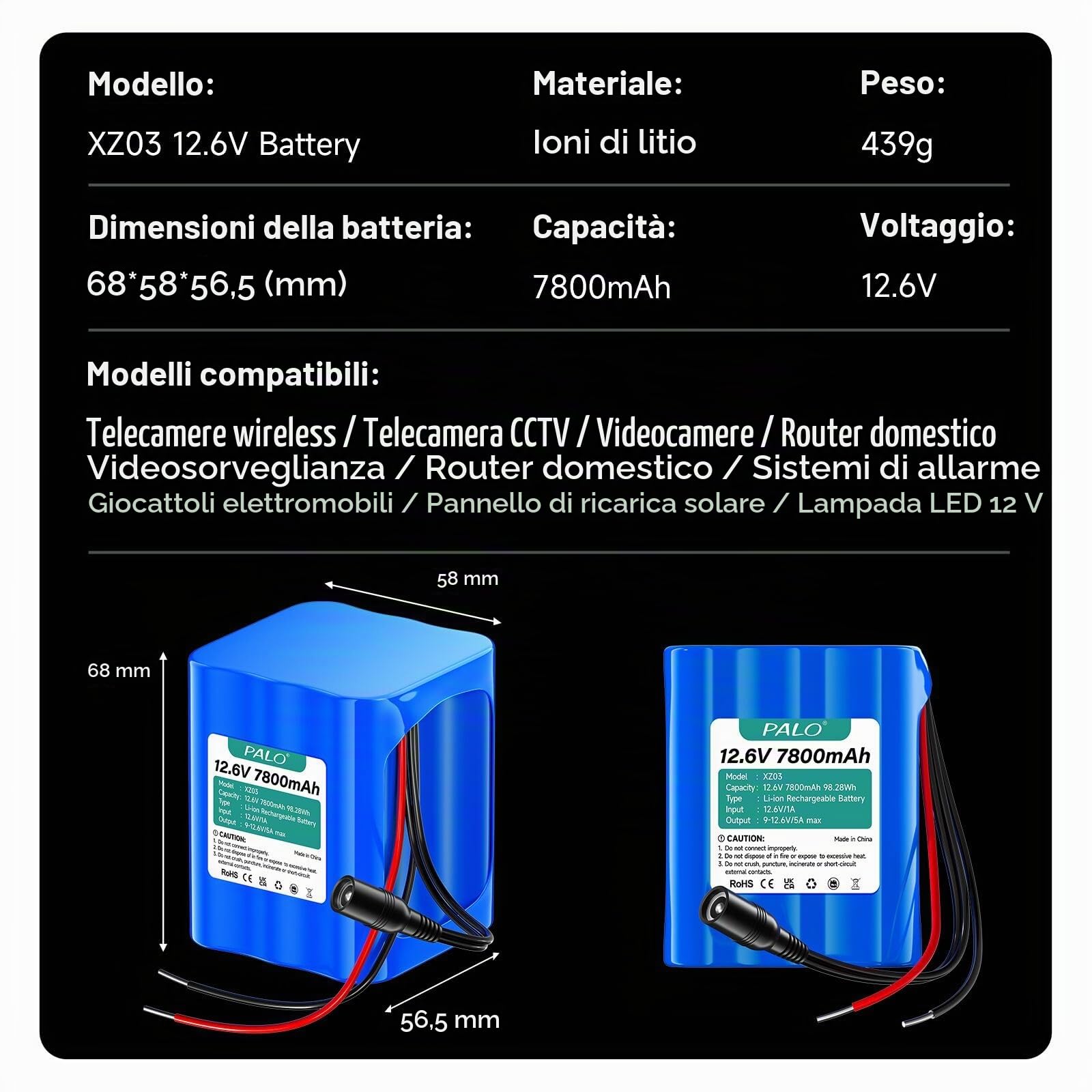 Batteria 12.6V 7800mAh ioni litio con caricabatterie e adattatore linea e connettore collegamento,per pannello solare,videocamere,videosorveglianza,router domestico,sistemi di allarme