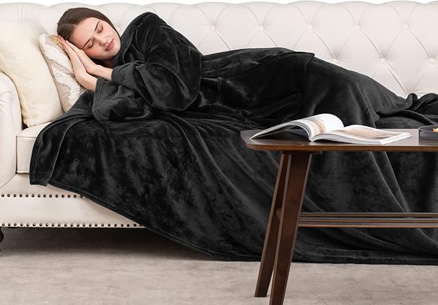HBselect Wearable Blanket with Sleeves, Soft Fluffy Plush Snuggle Slankets Blanket Throws for Sofa, Warm for Women & Adult , Black, 150×180cm
