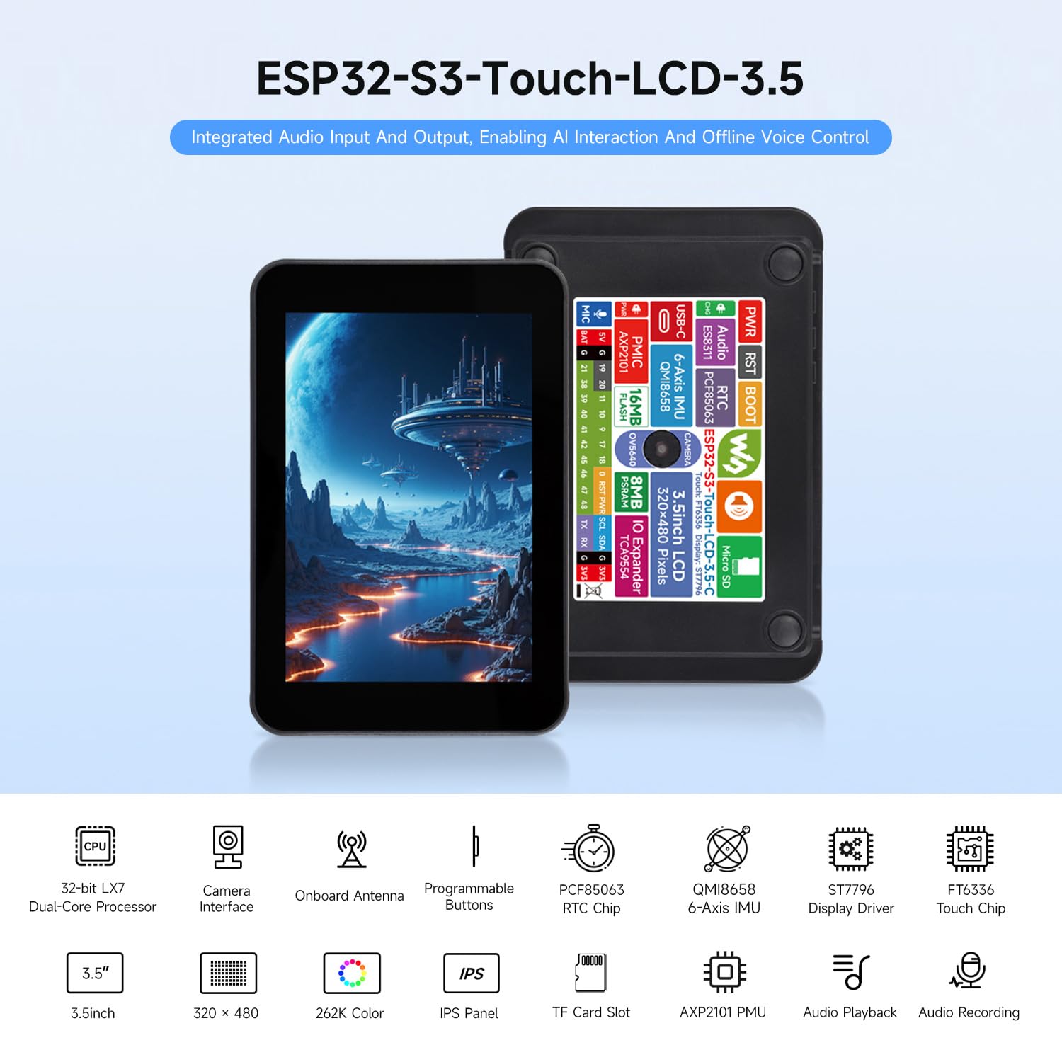 Waveshare ESP32-S3 3.5inch Capacitive Touch Display, 320x480 IPS, 262K Colors, Camera Interface, Supports Wi-Fi & Bluetooth 5, ESP32 Development Board with Display