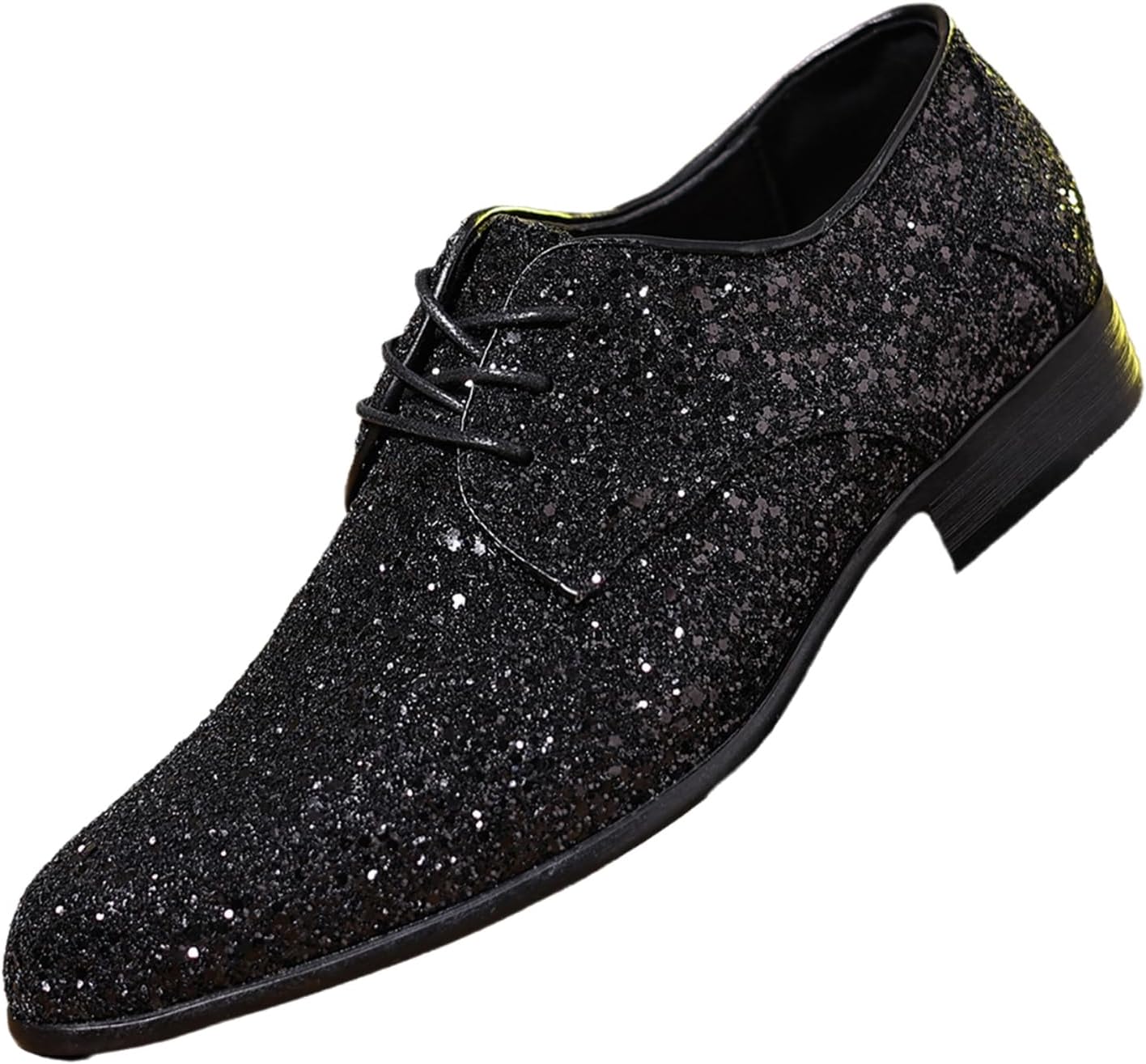 Men's Sequined Pointed Toe Oxford Shoes Fashion Glitter Sparkly Lace Up Low Block Heel Tuxedo Dress Shoes for Party Prom Wedding