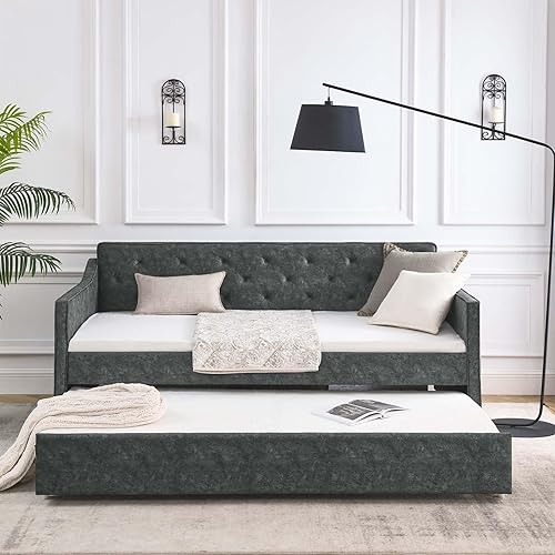 Miniatura 4 de Antetek Sofá cama con nido, tapizado de tela, tamaño individual, sofá cama de día con marco de sofá cama doble desplegable, no necesita somier,