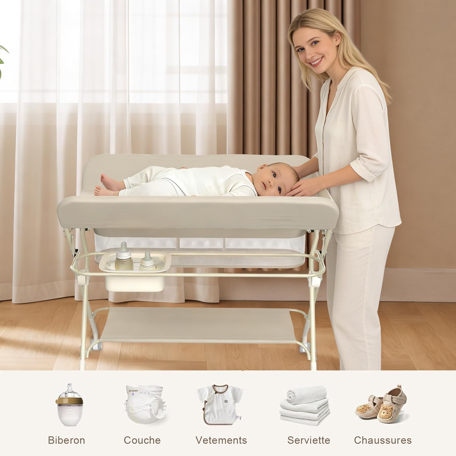 Supfine Table à Langer Pliable, Plan à Langer avec Panier Latéral et Tringle de Suspension, Réglable en Hauteur, avec roulettes Verrouillables (Crème, 4 en 1)