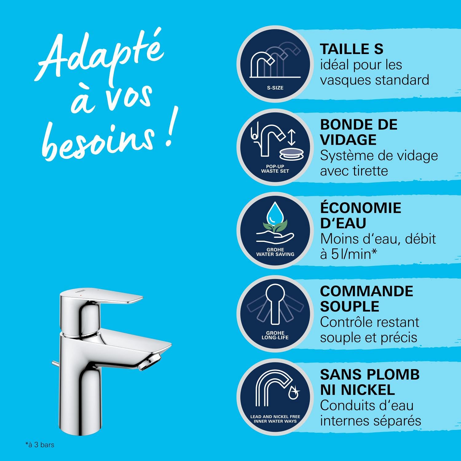 GROHE QUICKFIX StartEdge Robinet de salle de bains lavabo, mousseur économie d'eau, avec tirette, installation et nettoyage facile, taille S, chromé, 24196001 (Import Allemagne)