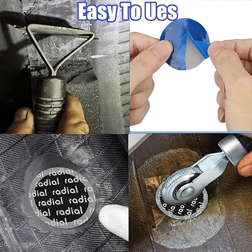 Miniatura 5 de Kit de 92 piezas de herramientas de reparación de neumáticos, kit de parches de neumáticos de 1.260 in, 1.654 in, 2.283 in, redondo, de goma