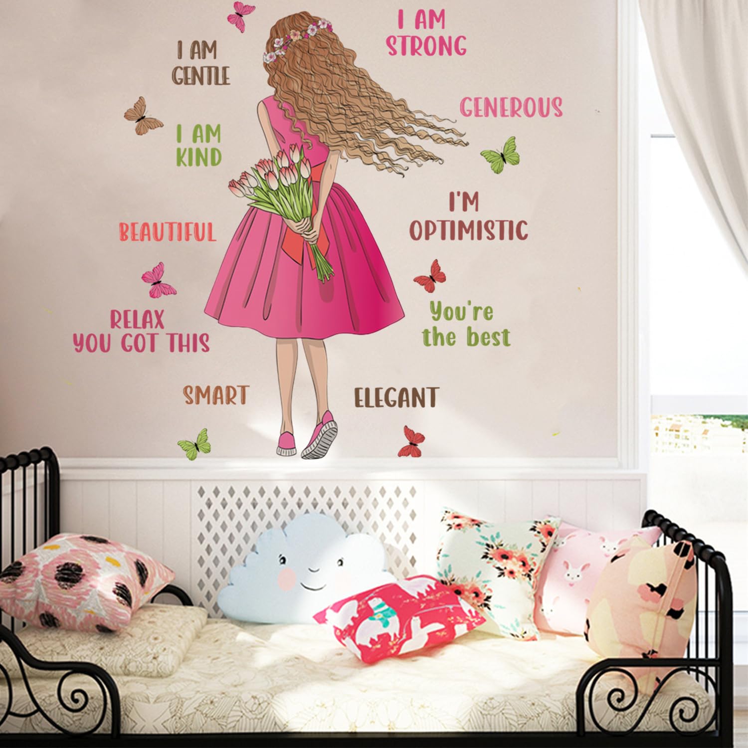 Inspirational Girl Wall Stickers for Girls Bedroom Positive Affirmation Wall Decals with Pink Girl & Butterflies - Image 3